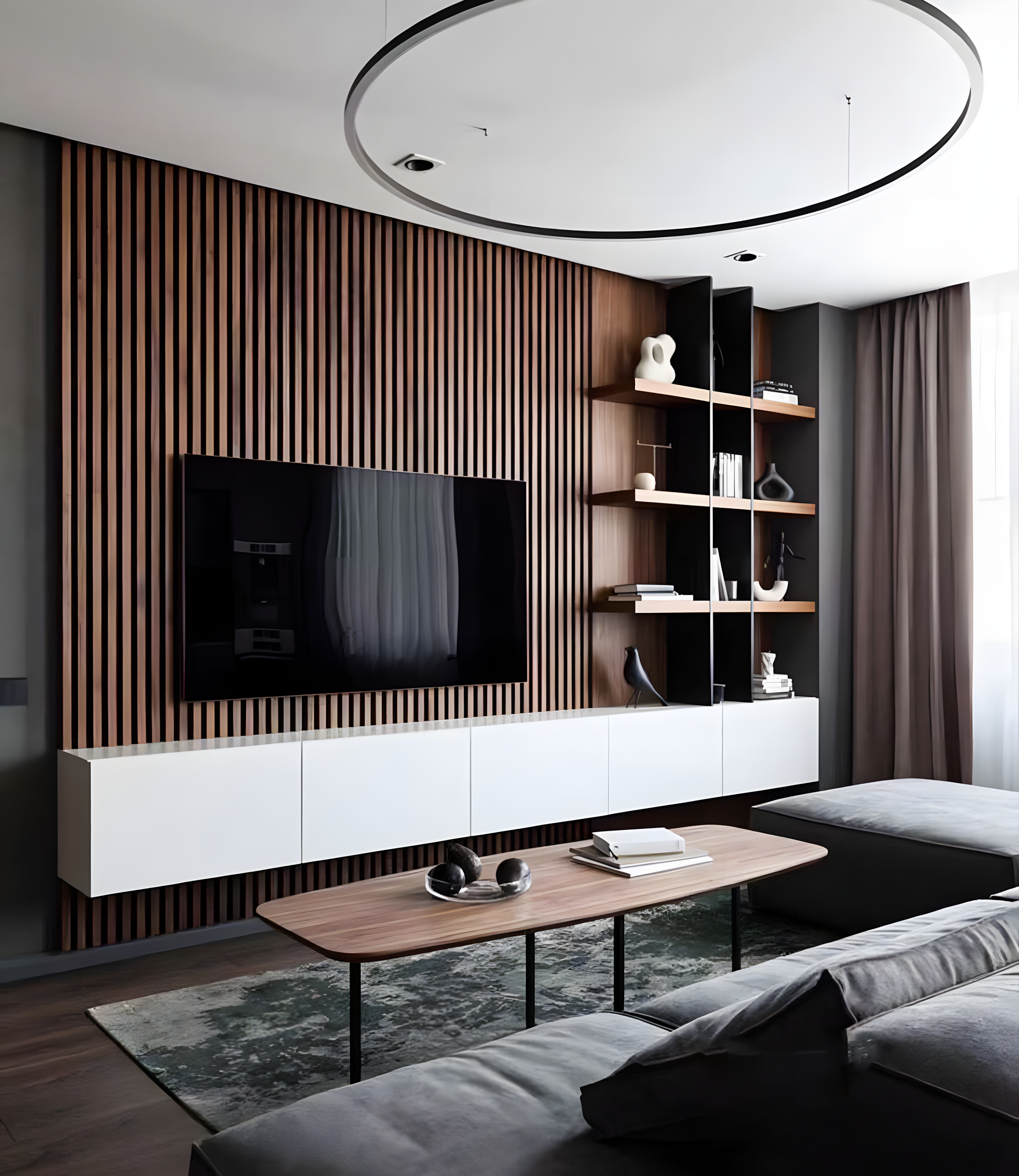 Sleek Contemporary TV Unit with Wood-Paneled Accent Wall | Material Depot