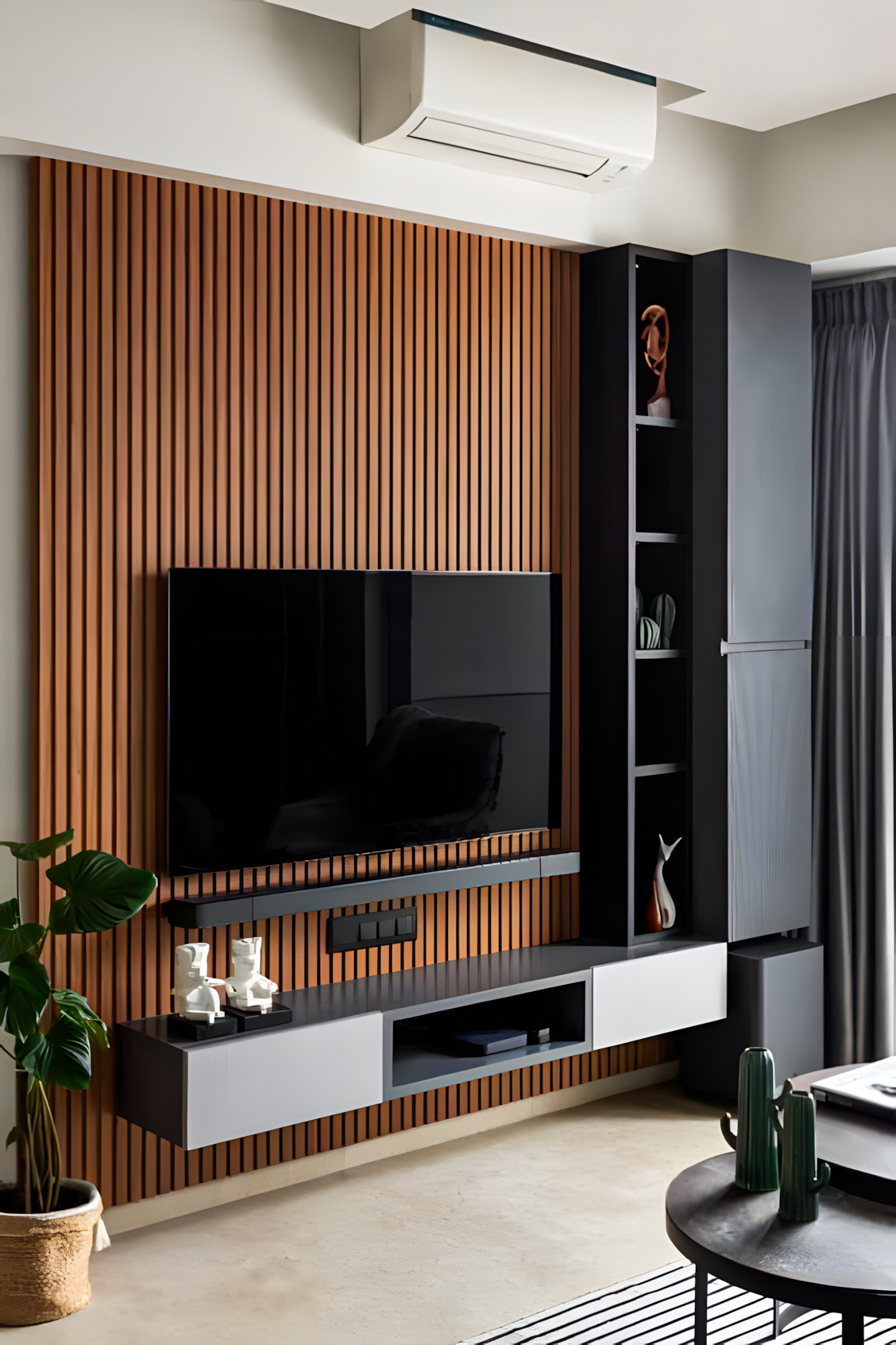 Sleek Contemporary TV Unit with Wood-Paneled Accent Wall | Material Depot