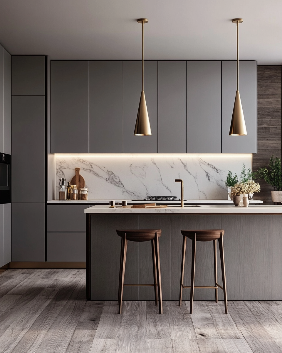 Sleek Gray Kitchen with Marble Backsplash and Gold Accents | Material Depot