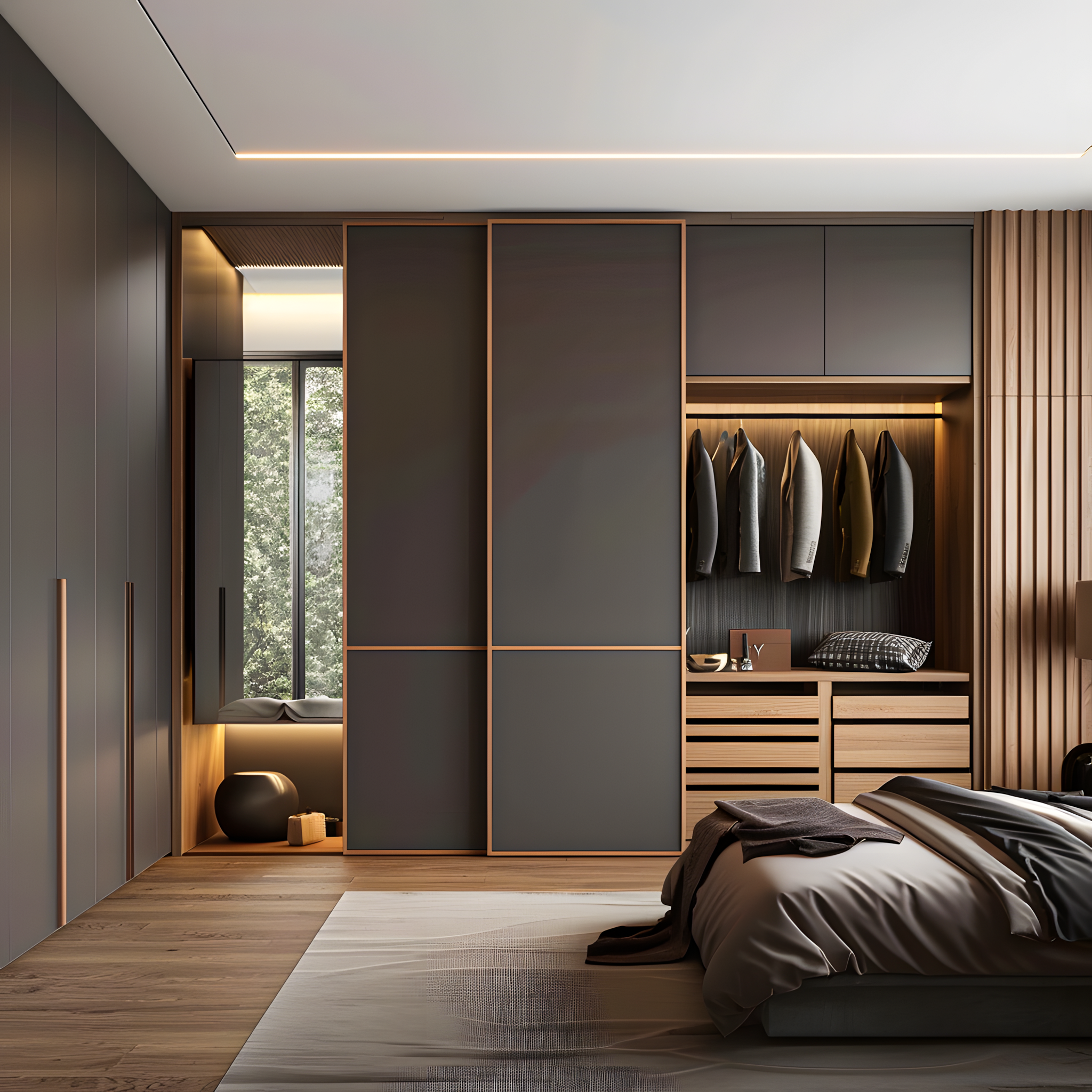 Sleek Gray Wardrobe with Wood Accents | Material Depot