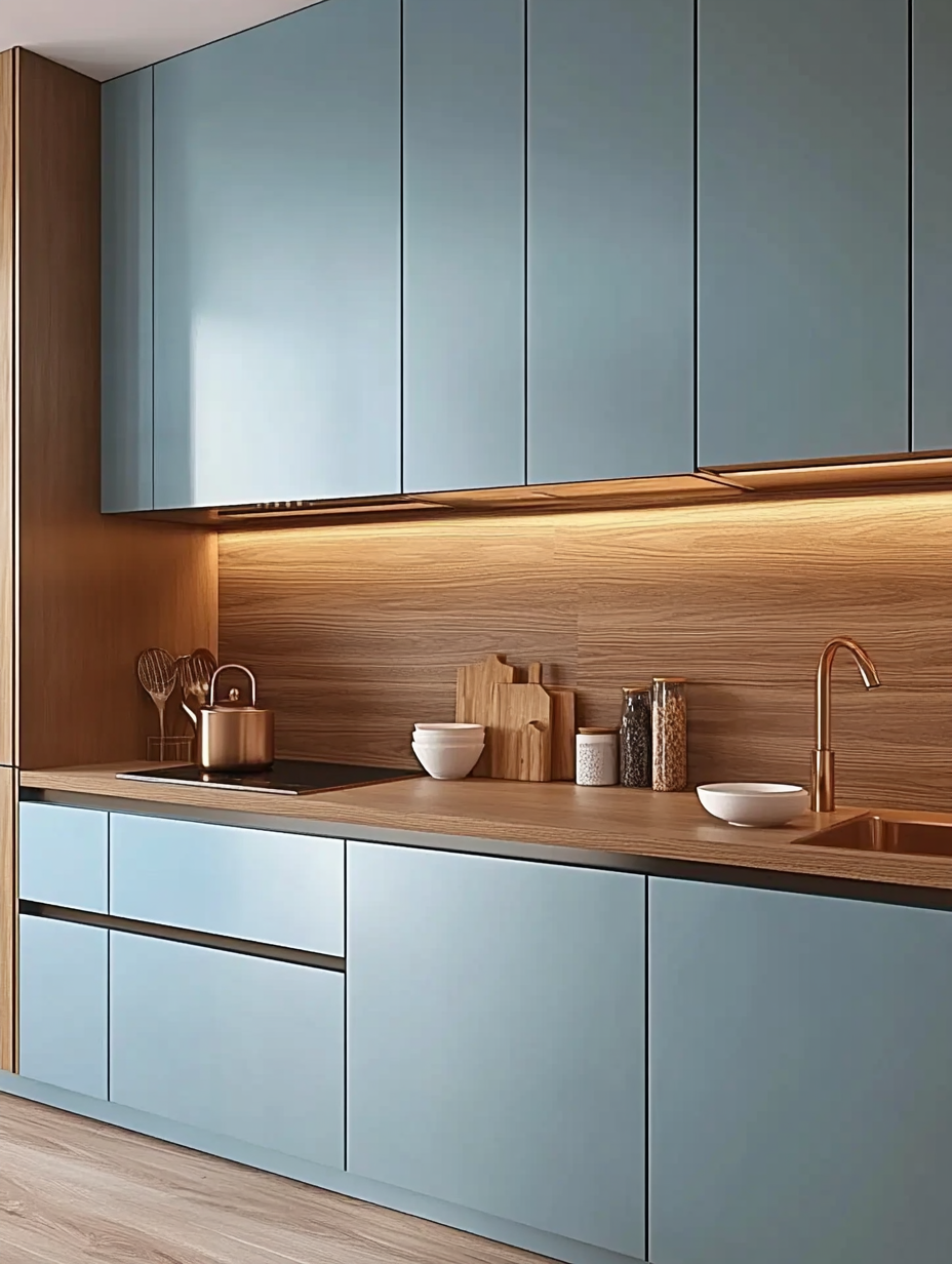 Sleek Kitchen Design Featuring Ice Blue Cabinets and Warm Wooden Accents | Material Depot