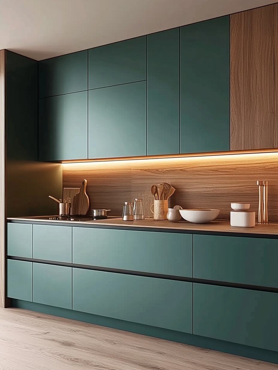 Sleek Kitchen Design Highlighting Turquoise Cabinets with Warm Wooden Features | Material Depot