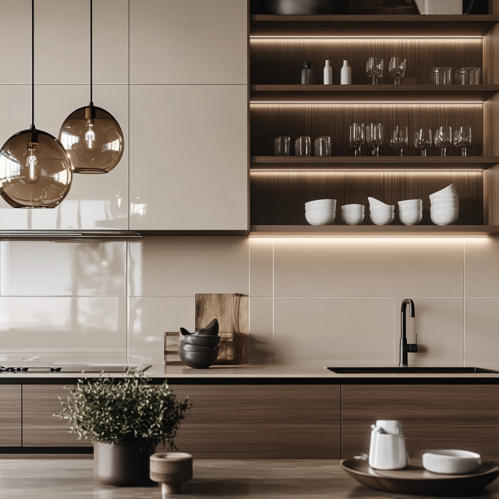 Sleek Kitchen in Neutral Tones with Stylish Fixtures and Ambient Lighting | Material Depot