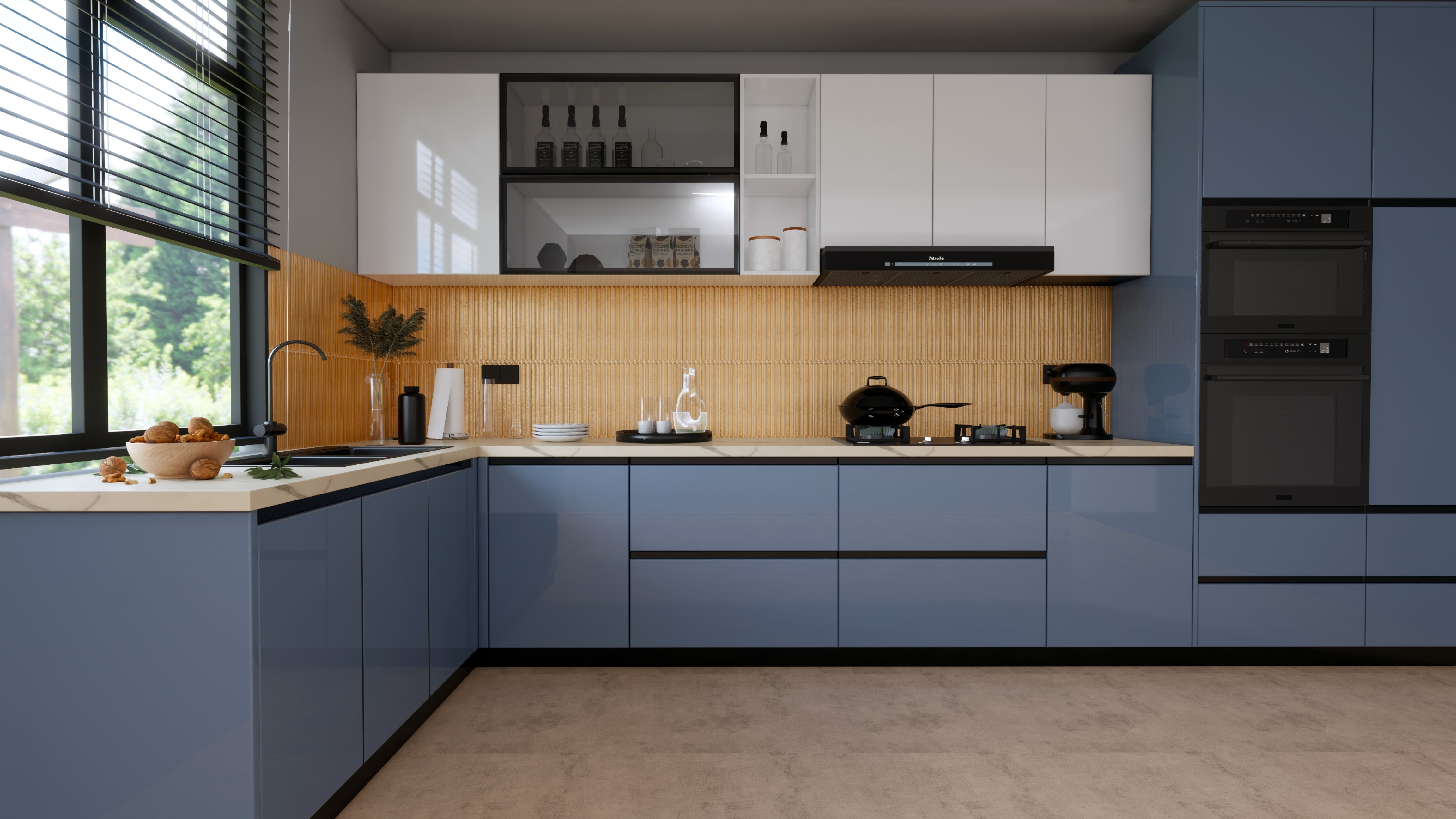 Sleek Kitchen with Blue Cabinets and Textured Yellow Tiles | Material Depot