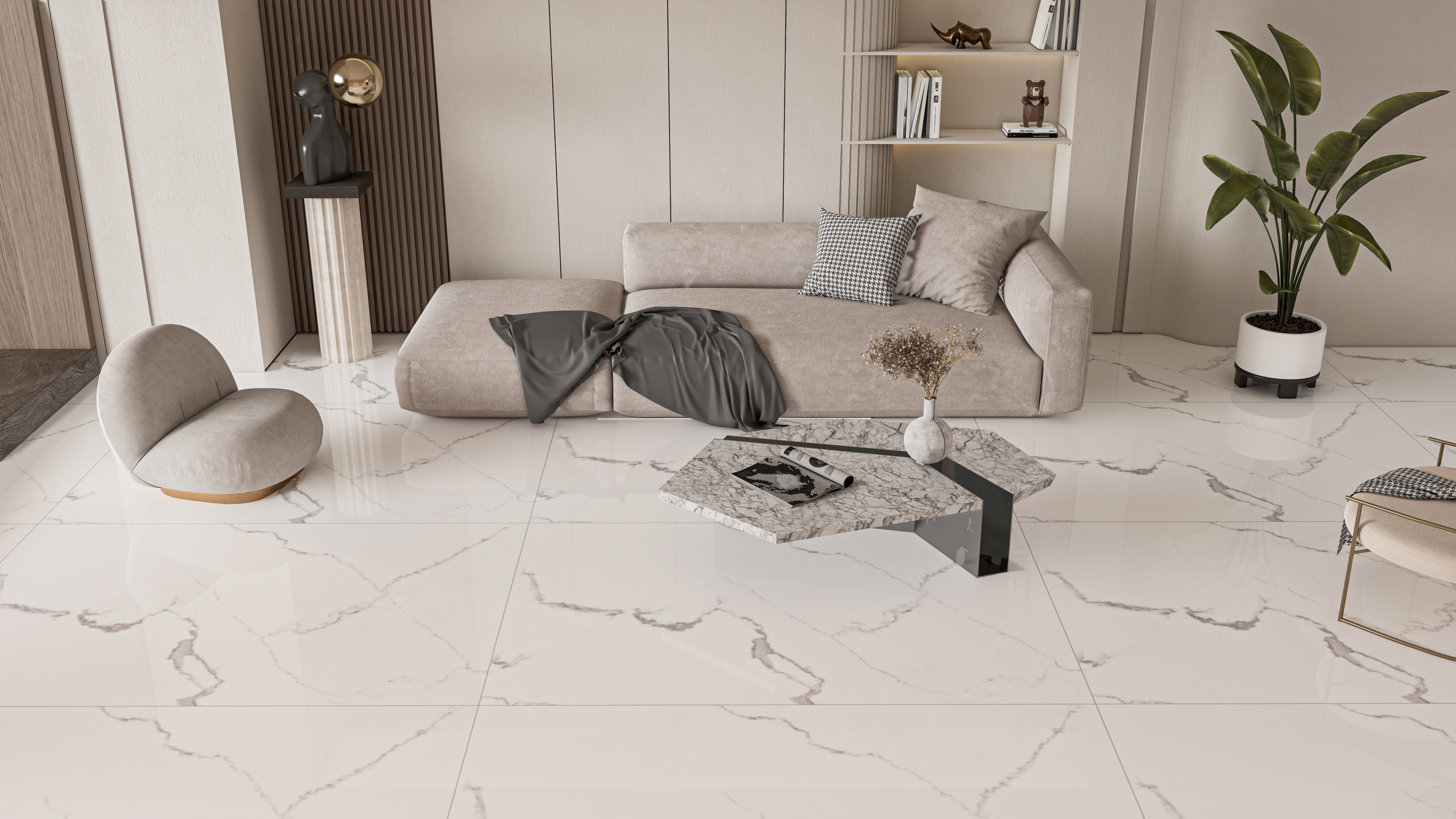 Modern living room with white marble-look floor tiles and beige suede ...