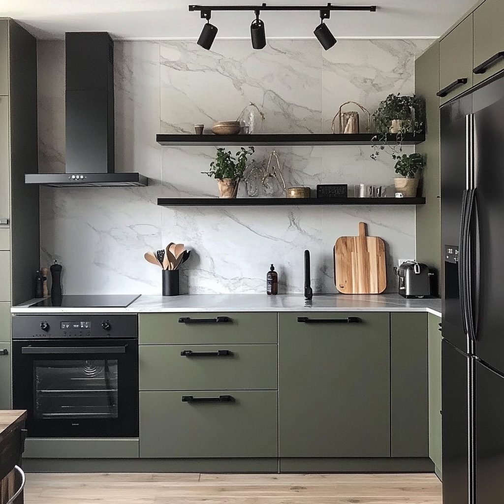 Sleek Modern Kitchen with Dark Green Cabinets and Marble Backsplash | Material Depot