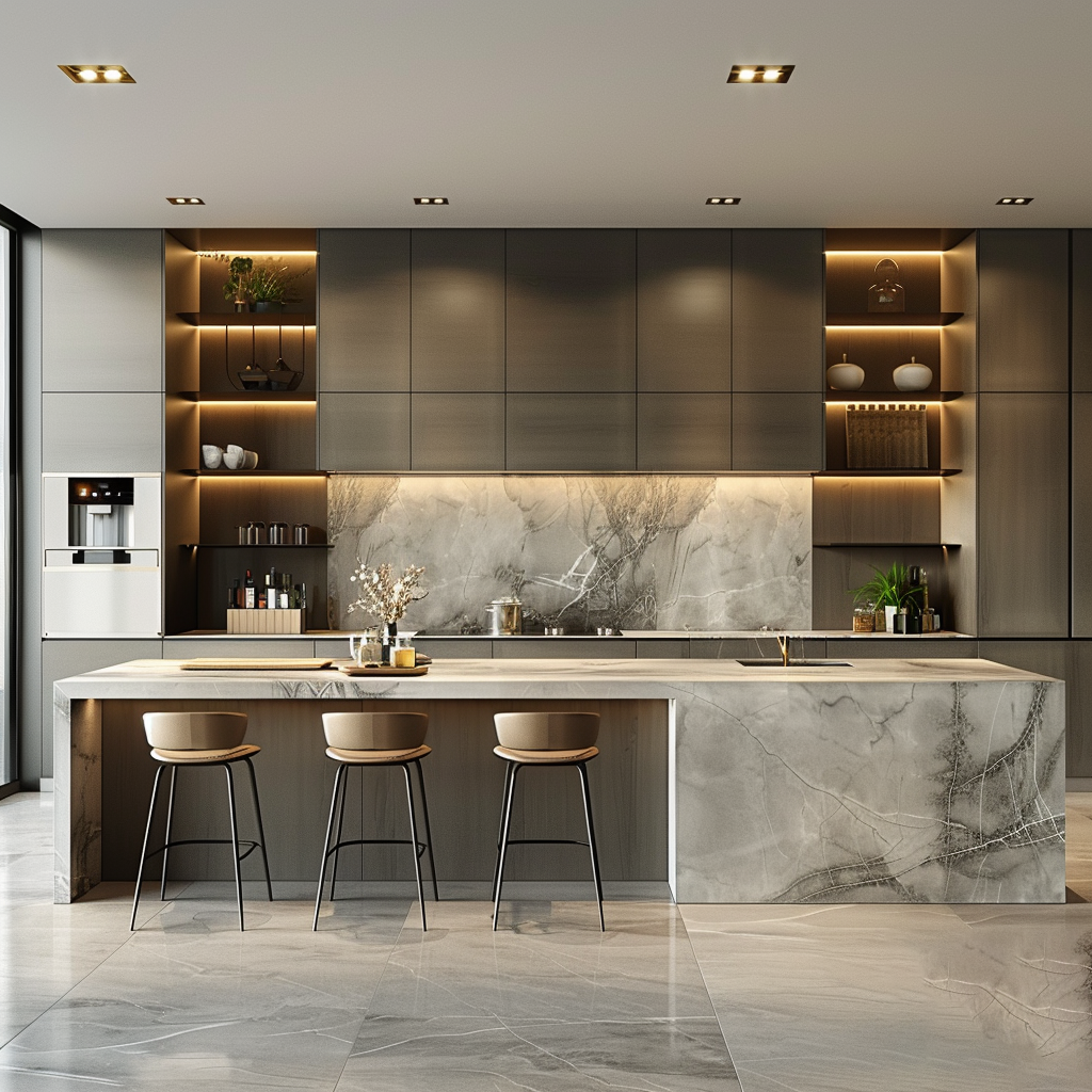 Sleek Modern Kitchen with Marble Island and LED Lighting | Material Depot