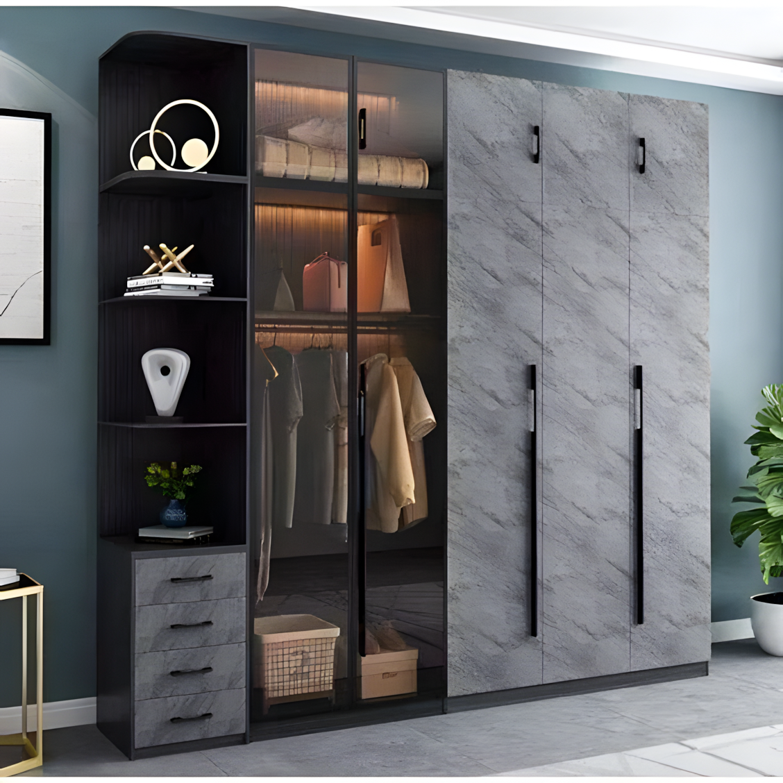 Sleek Modern Wardrobe with Glass Doors and Marble Finish | Material Depot