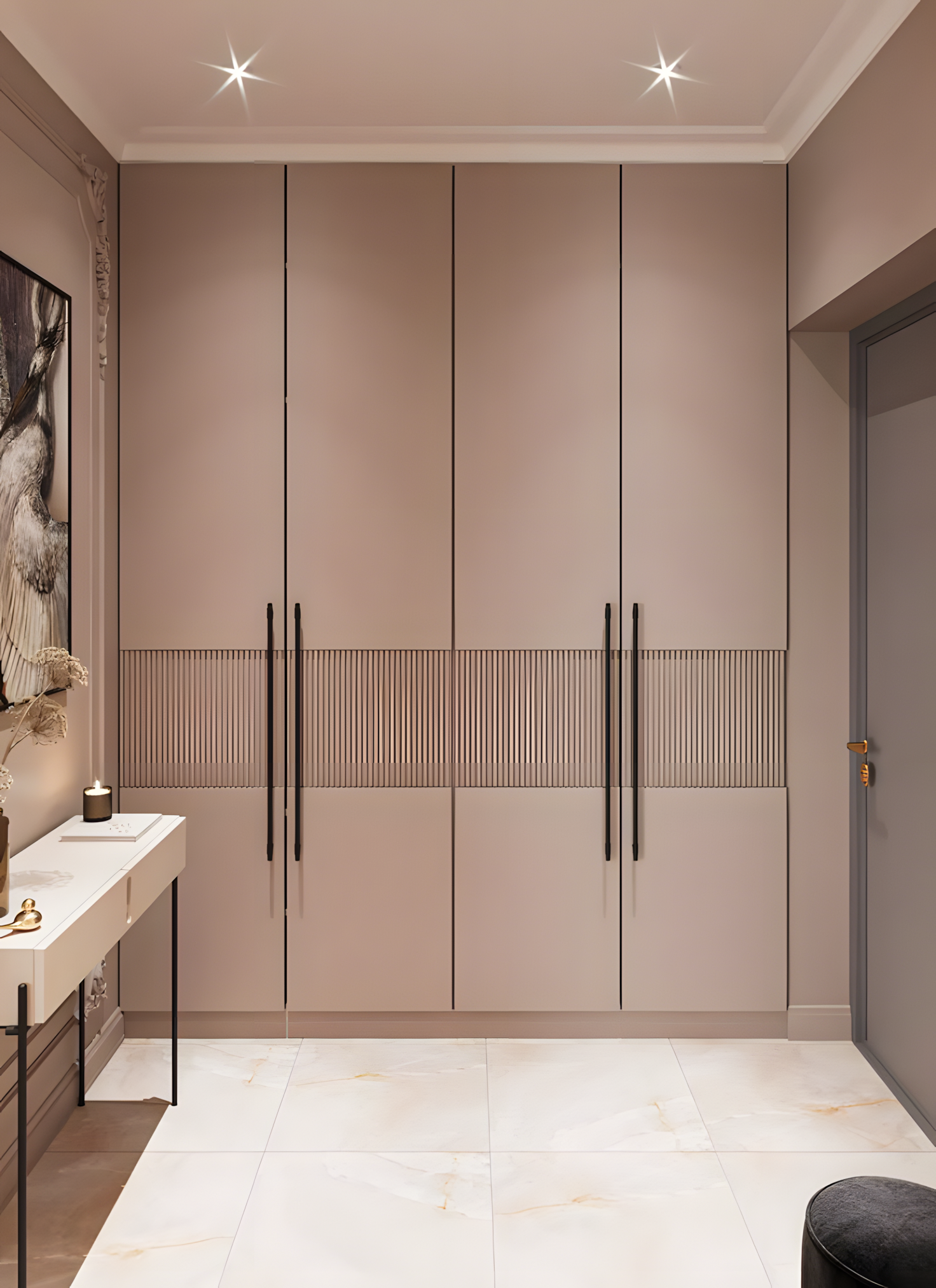 Sleek Modern Wardrobe with Glass Doors and Marble Finish | Material Depot