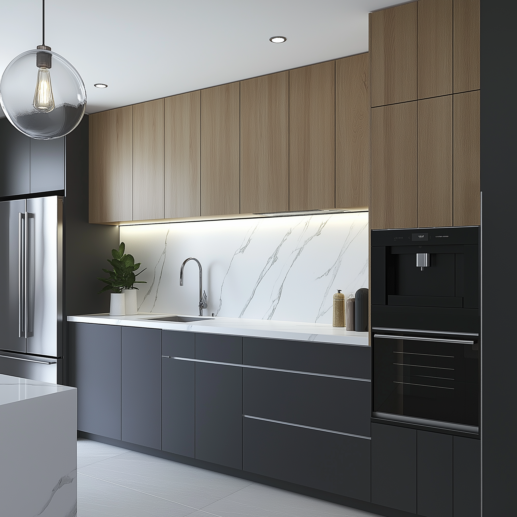 Sleek Monochrome: A Contemporary Kitchen with Wooden Warmth and Modern Aesthetics | Material Depot