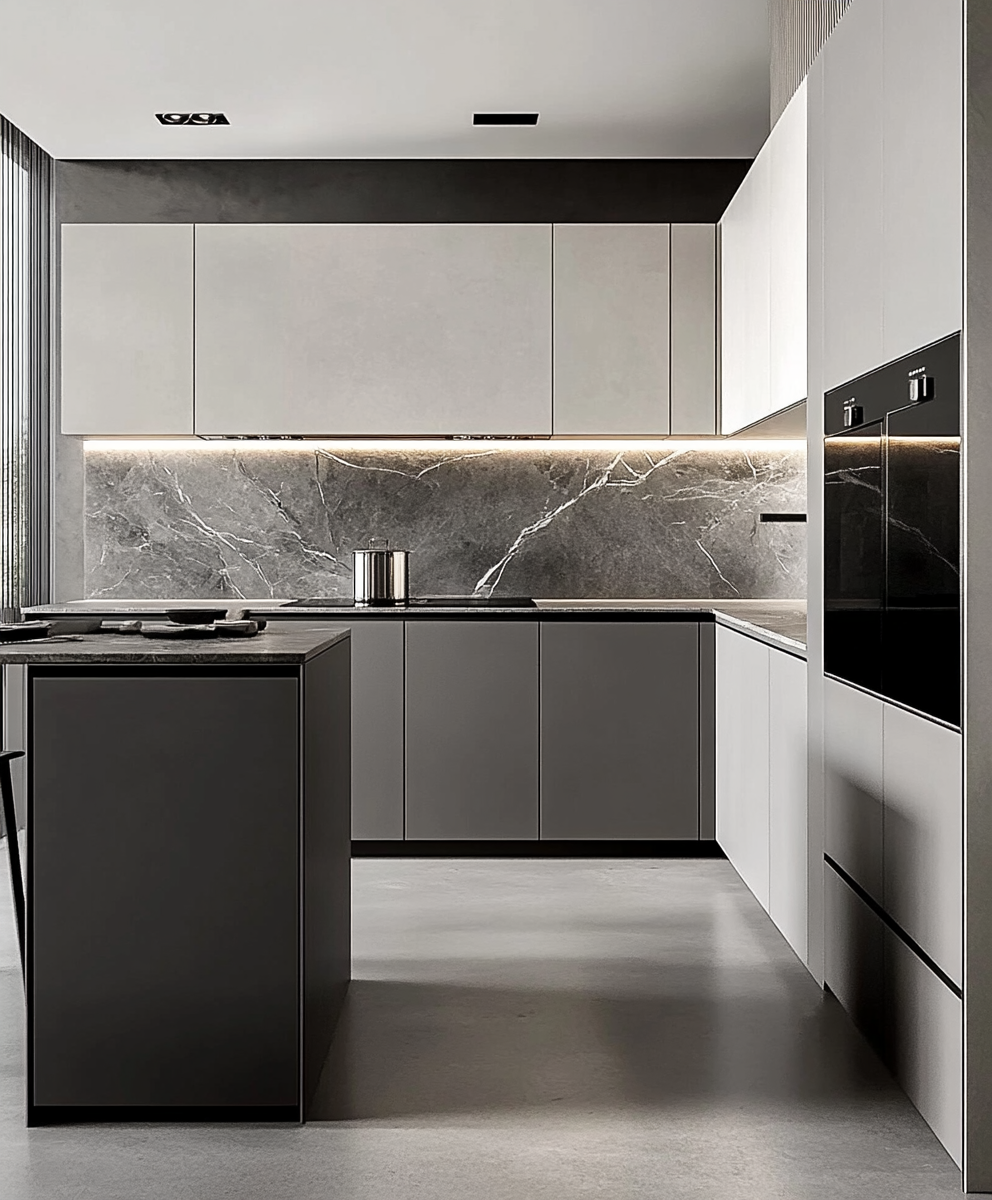 Sleek Monochrome Kitchen with Dramatic Marble Accent | Material Depot