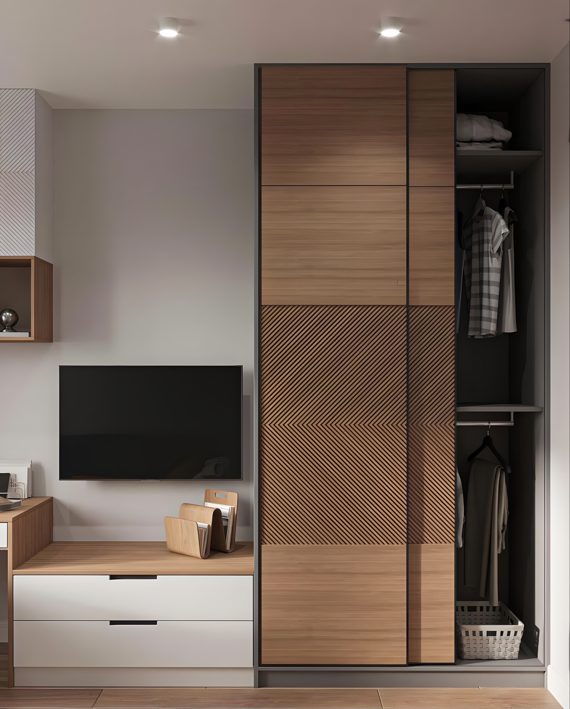 Sliding Door Wardrobe with Wood Accents | Material Depot