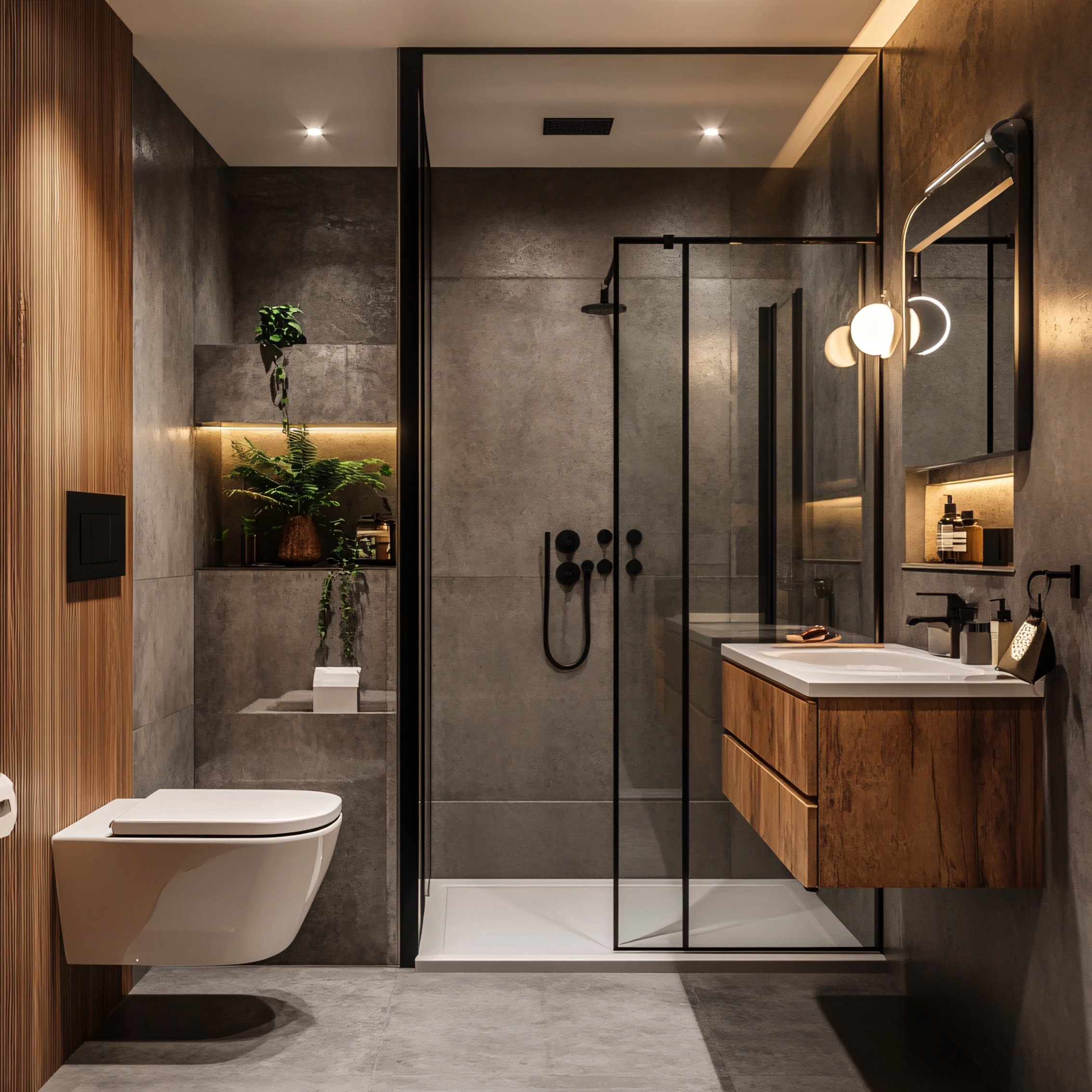 Small Modern Bathroom with Concrete Walls and Warm Wood Accents | Material Depot