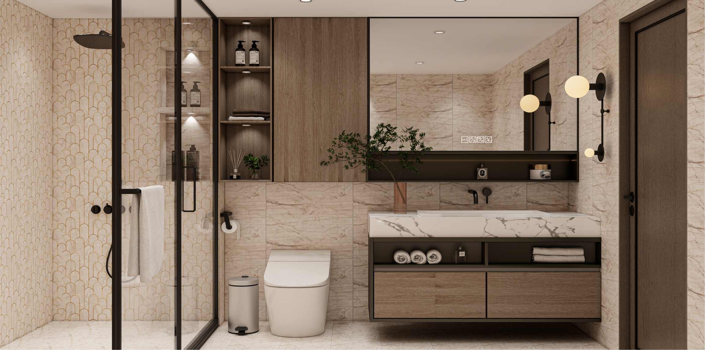 Soft Beige Bathroom with Subtle Patterned Tiles and Wooden Storage | Material Depot