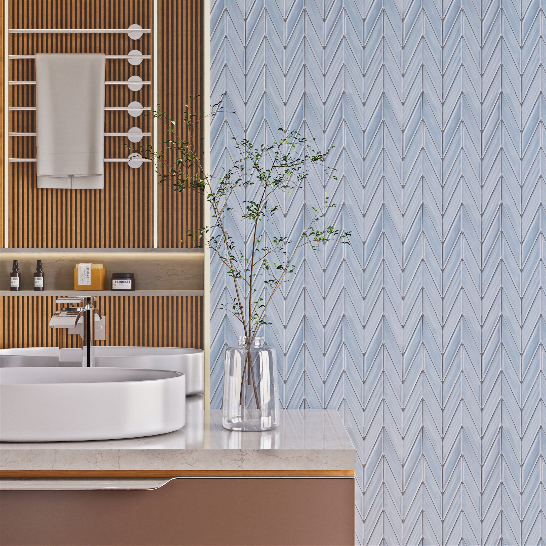 Soft Blue Chevron Wall Tiles with Wooden Slat Accent in Modern Bathroom | Material Depot