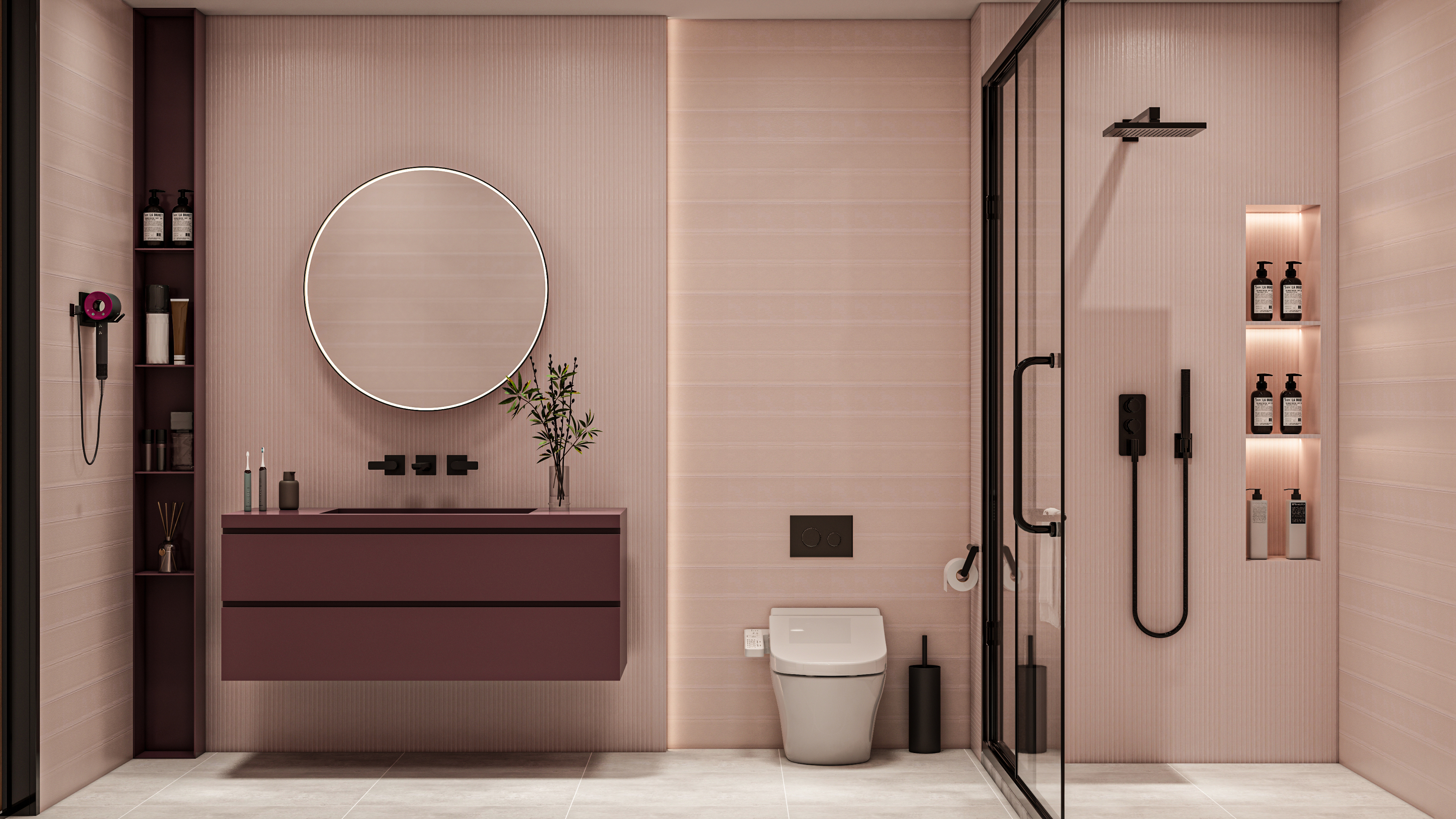 Soft Blush Fluted Tiles in a Modern Minimalist Bathroom | Material Depot