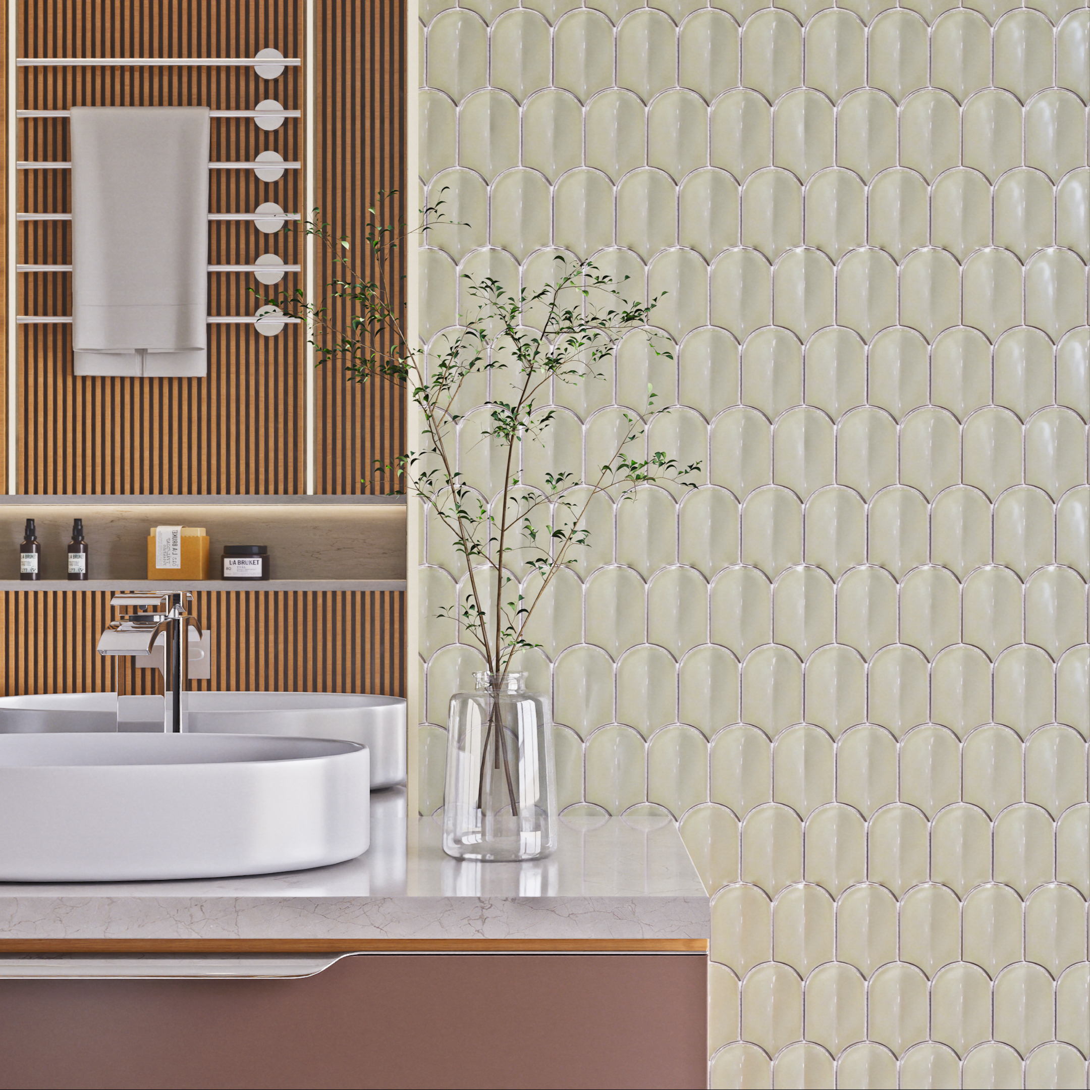 Soft Green Fish Scale Tiles with Wooden Slatted Accent Wall | Material Depot