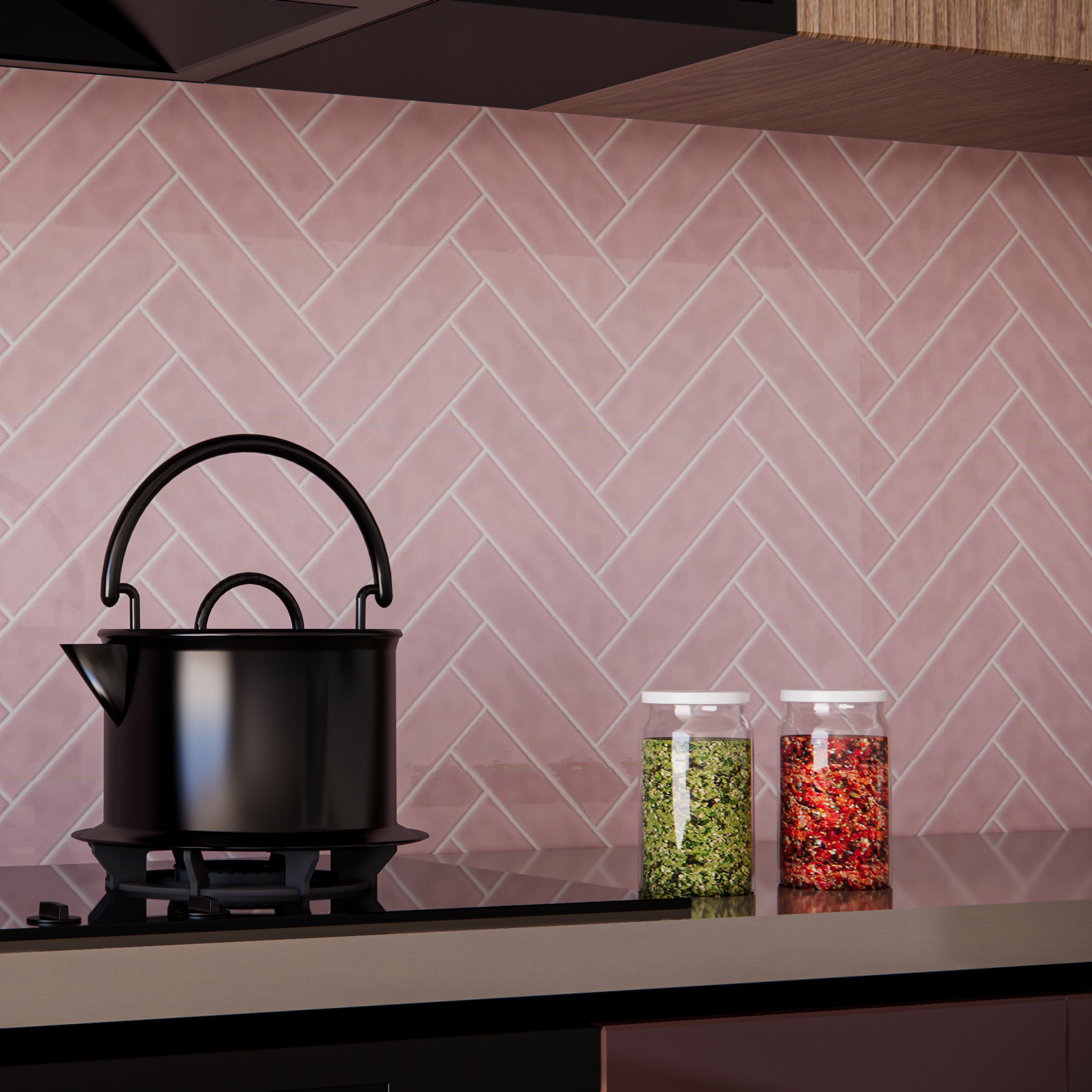 Soft Pink Herringbone Backsplash for a Chic Kitchen | Material Depot