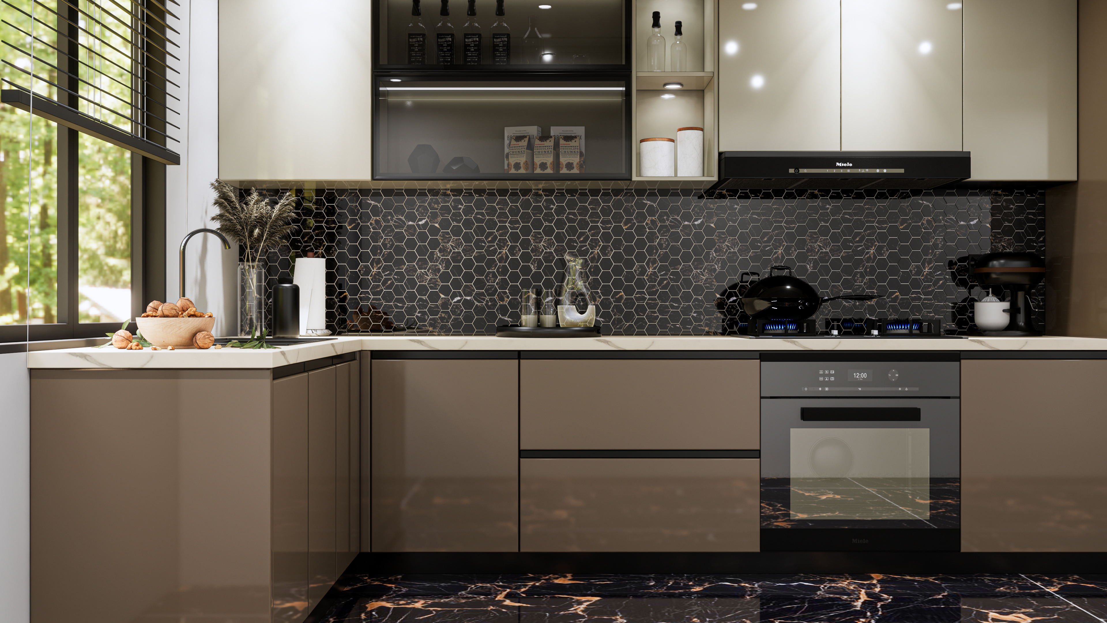 Sophisticated Black Hexagonal Backsplash in a Luxe Modern Kitchen | Material Depot