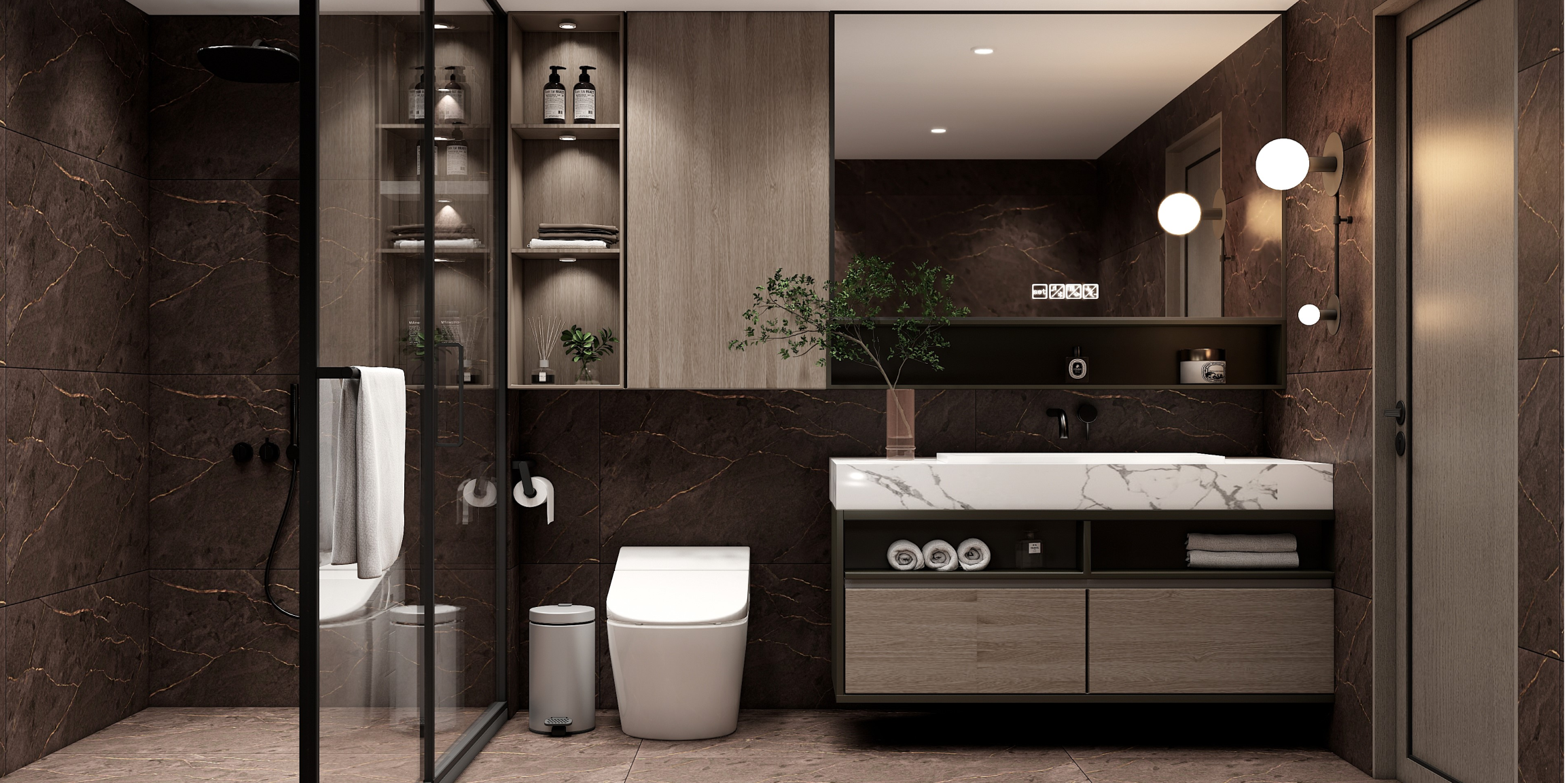 Sophisticated Dark Brown Bathroom with Marble Look Vitrified Tiles | Material Depot