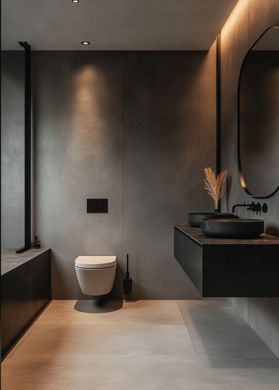 Sophisticated Minimalism: Sleek Bathroom with Dark Tones and Subtle Accents | Material Depot