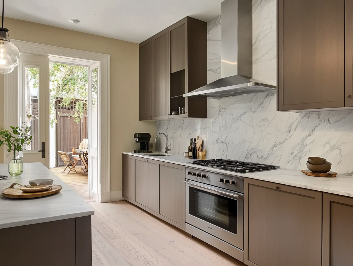 Sophisticated Modern Kitchen with Natural Light and Marble Backsplash | Material Depot