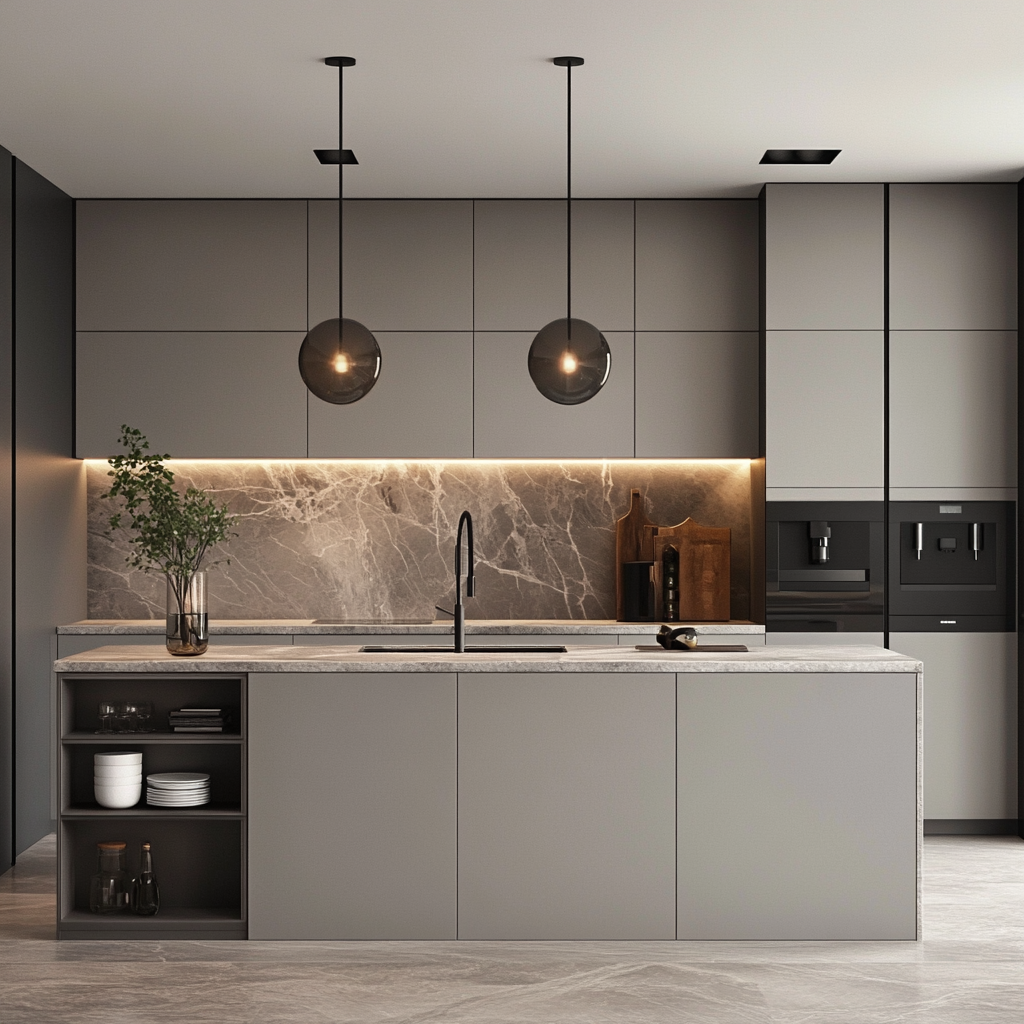 Sophisticated Modern Kitchen with Sleek Gray Cabinetry, Marble Countertops, and Pendant Lighting | Material Depot