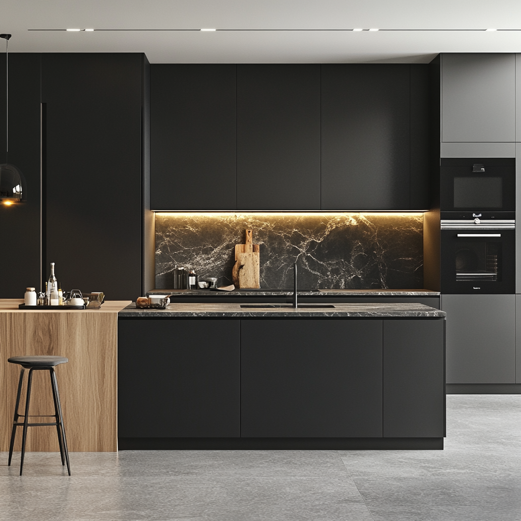 Sophisticated Simplicity: Minimalist Black and Wood Kitchen with Subtle Marble Accents | Material Depot