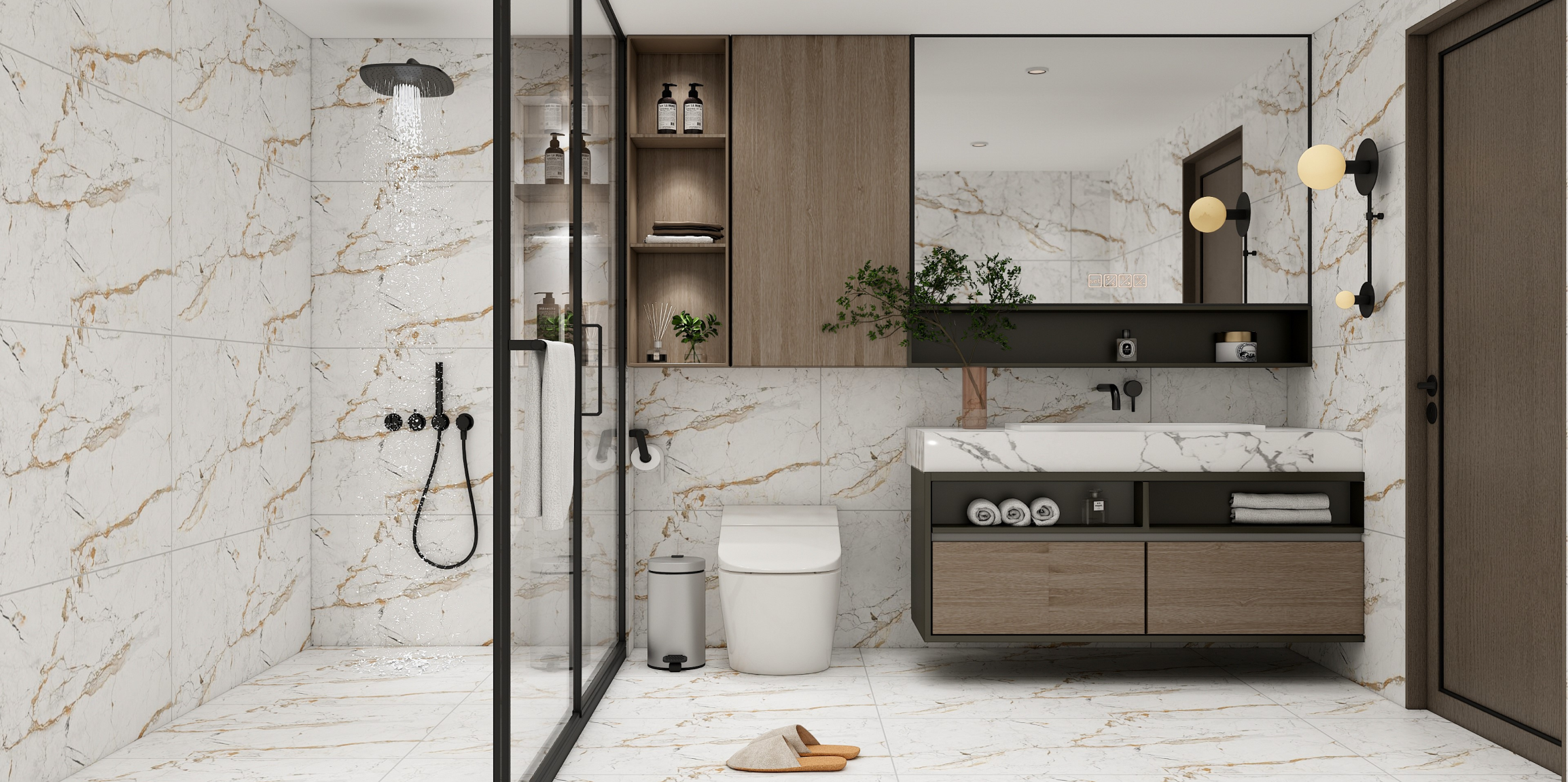 Sophisticated White Marble Bathroom with Glazed Vitrified Tiles | Material Depot