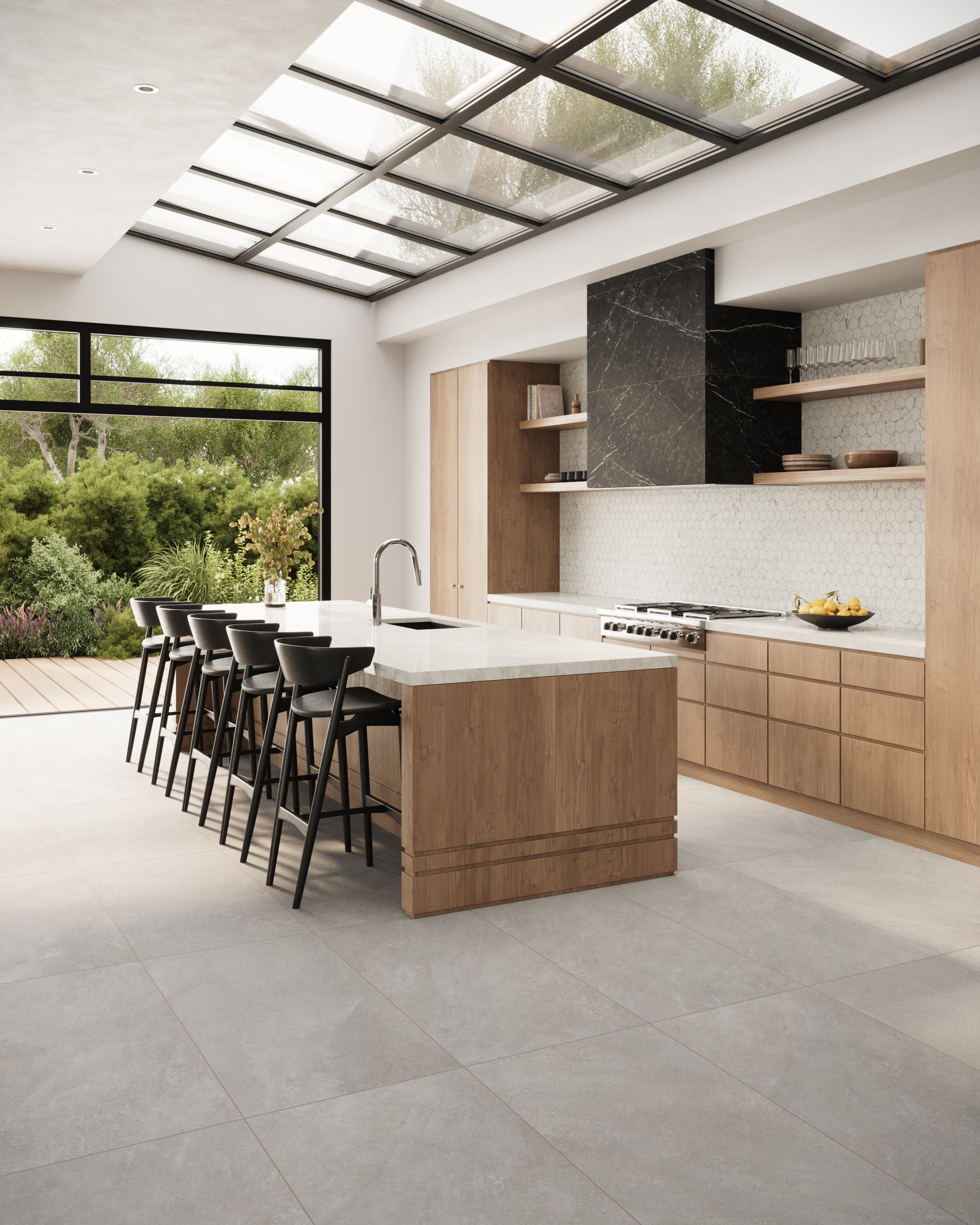 Spacious Modern Kitchen with Grey Porcelain Tile Flooring and Sleek Island | Material Depot