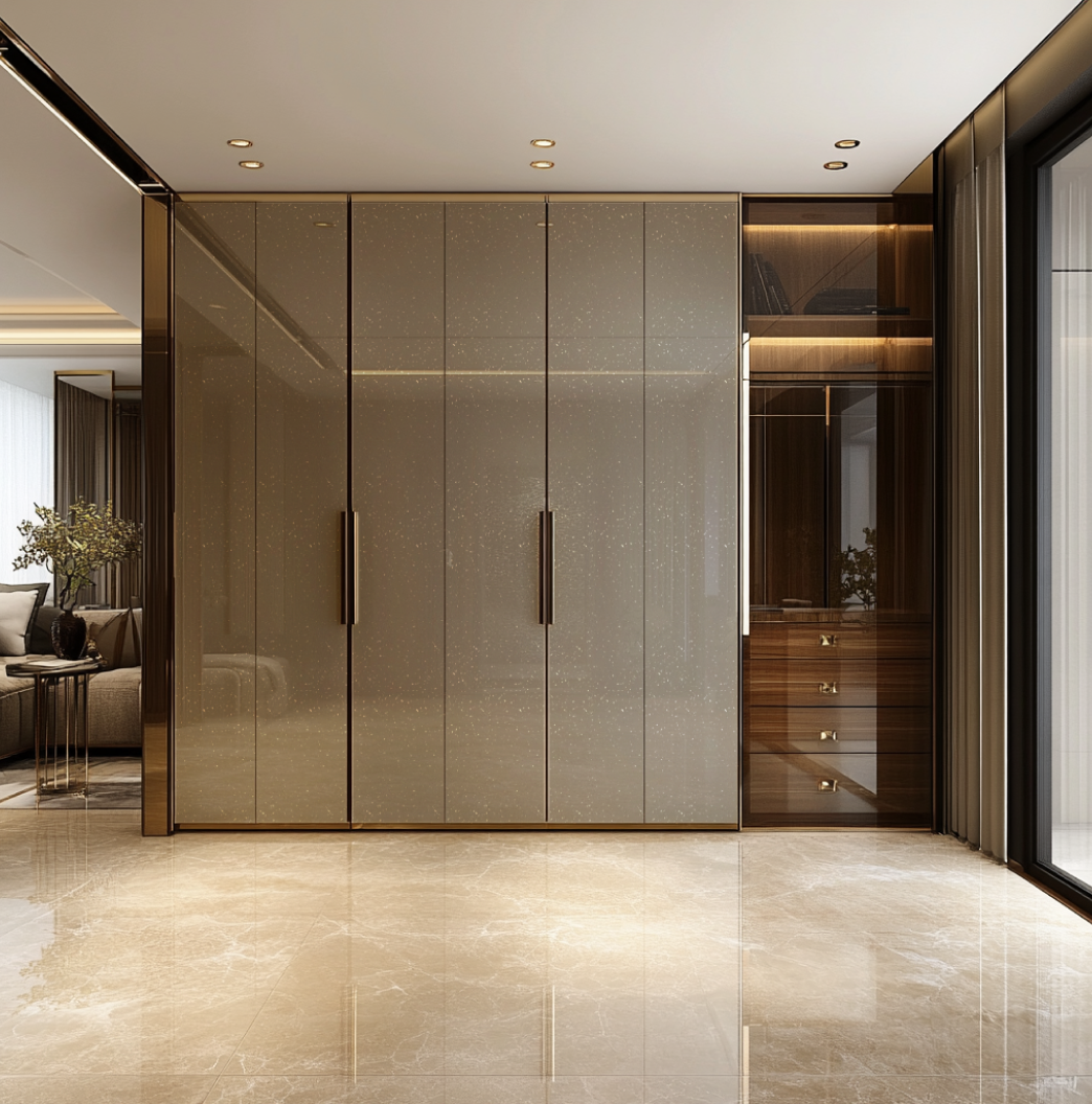 Sparkling Ivory Gloss Laminate Wardrobe with Wood Accents in Modern Bedroom | Material Depot