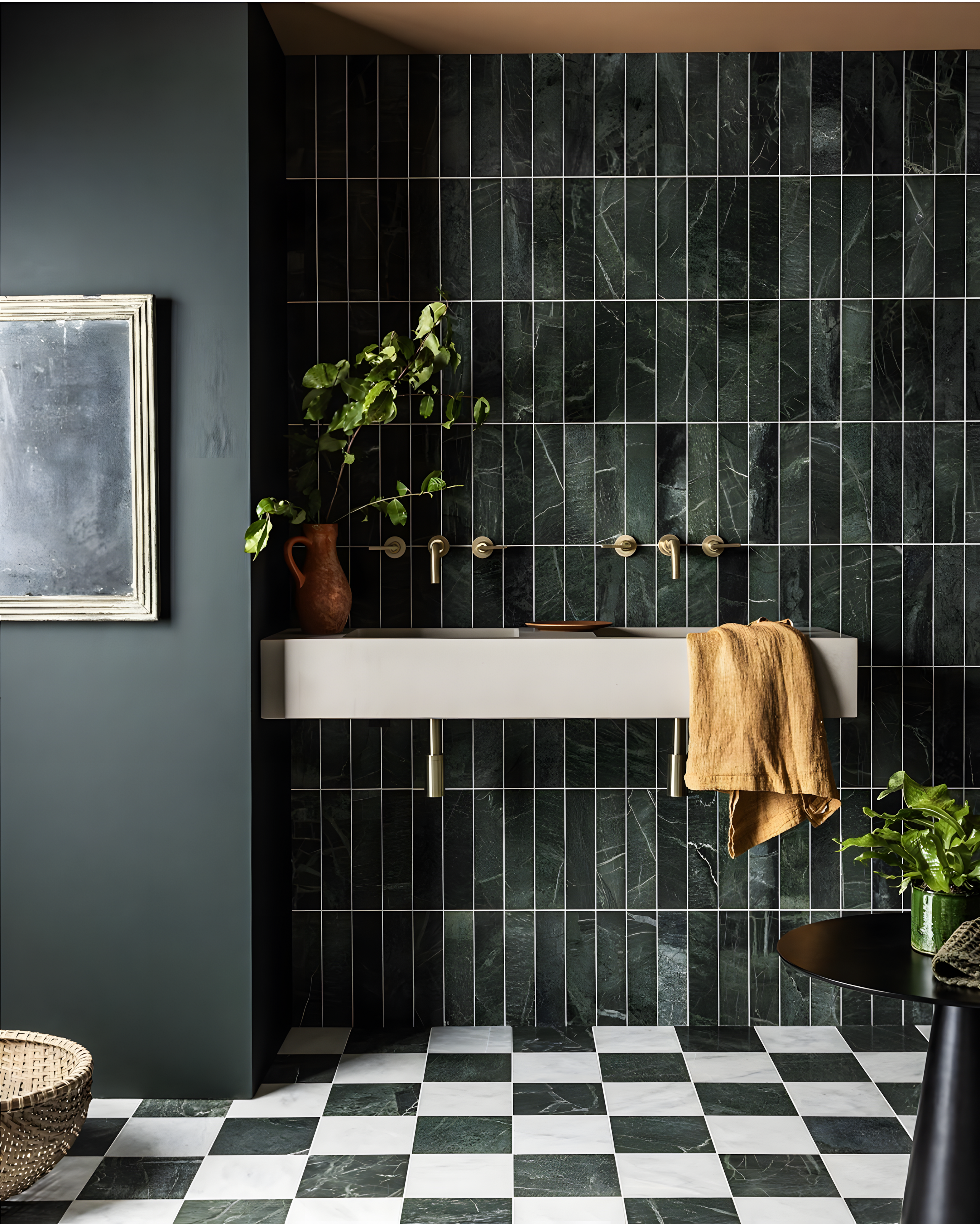 Stylish Bathroom with Dark Green Tiles and Brass Accents | Material Depot