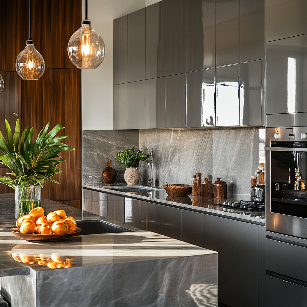 Stylish Grey Palette: Chic Kitchen with Natural Accents and a Warm, Inviting Atmosphere | Material Depot