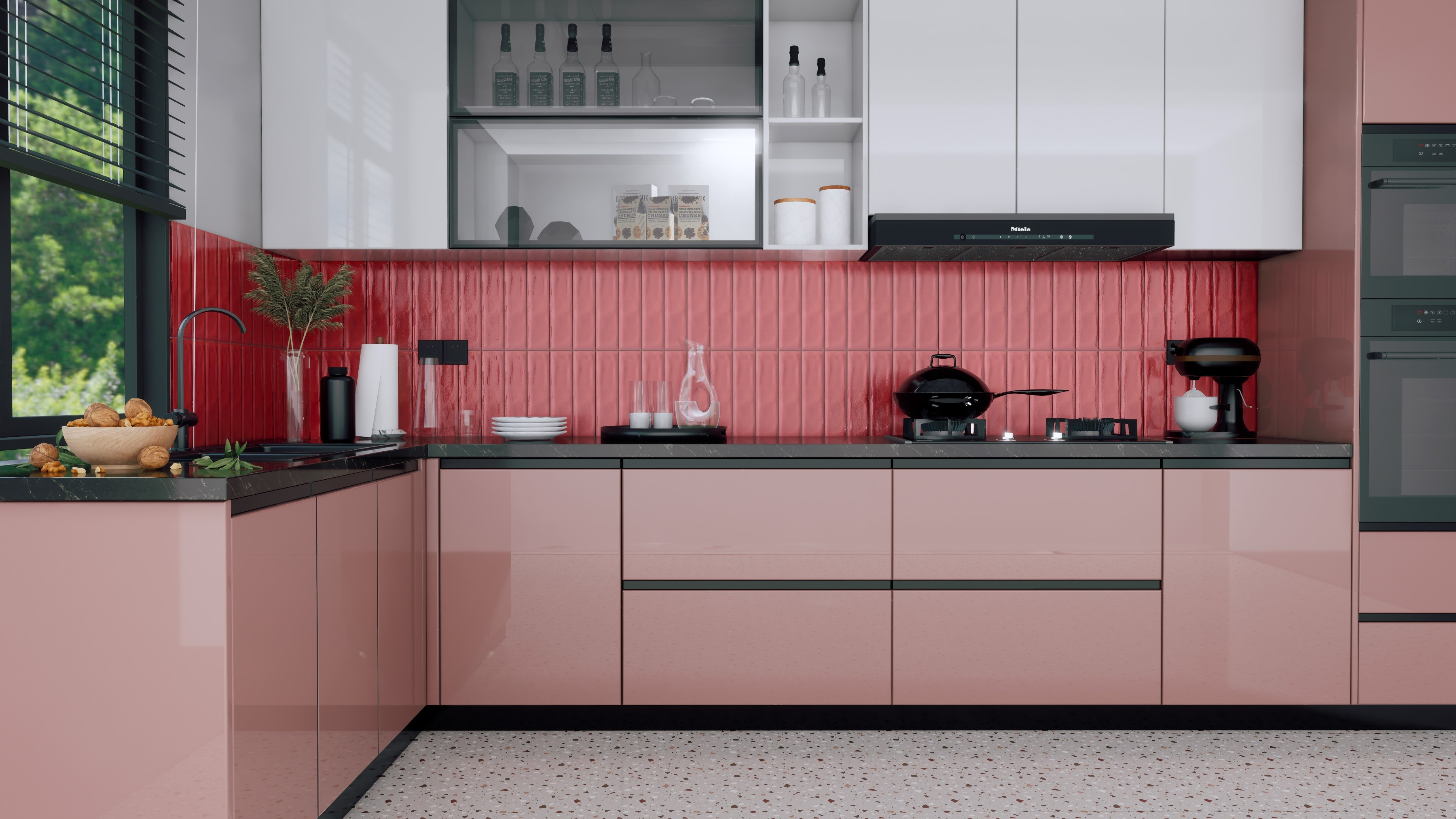 Stylish Kitchen with Red Subway Tiles and Glossy Pink Cabinets | Material Depot