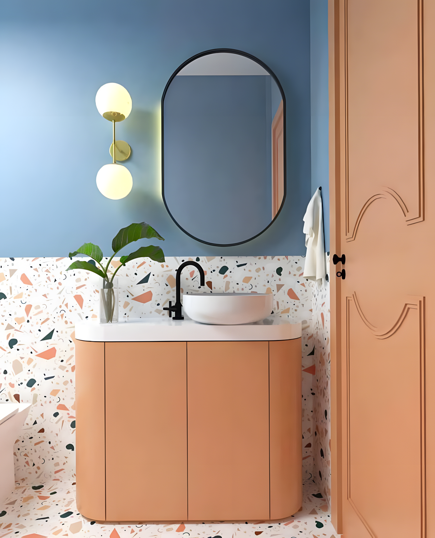 Stylish Lavatory Space with Colorful Terrazzo Detailing and Sleek Fixtures | Material Depot