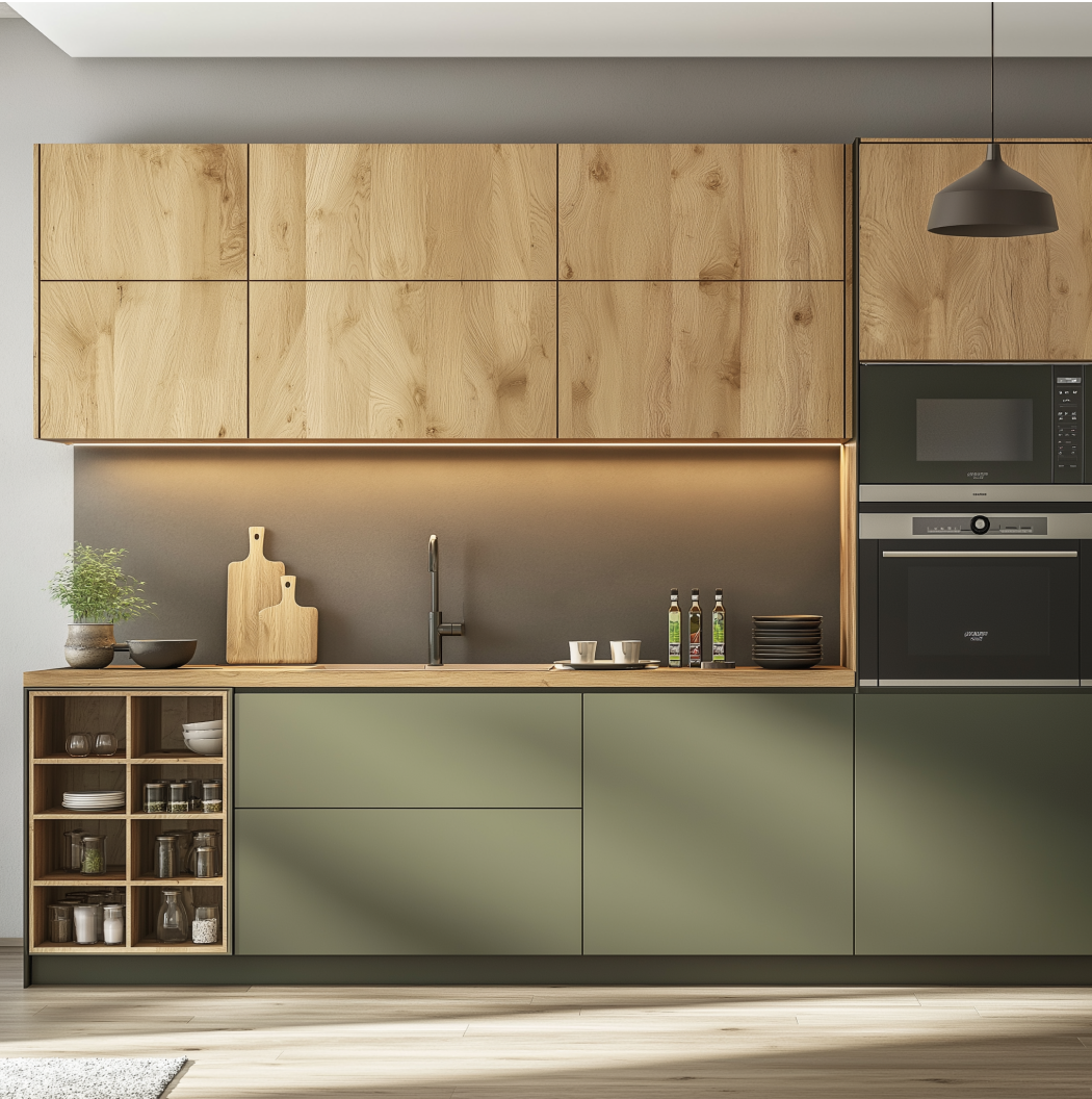 Stylish Oak Wooden Laminate and Olive Green Kitchen with Modern Design | Material Depot