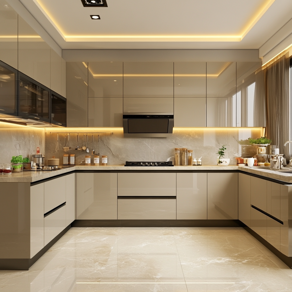 Subtle Luxury: Elegant Cream Kitchen with Sophisticated Lighting and Refined Textures | Material Depot