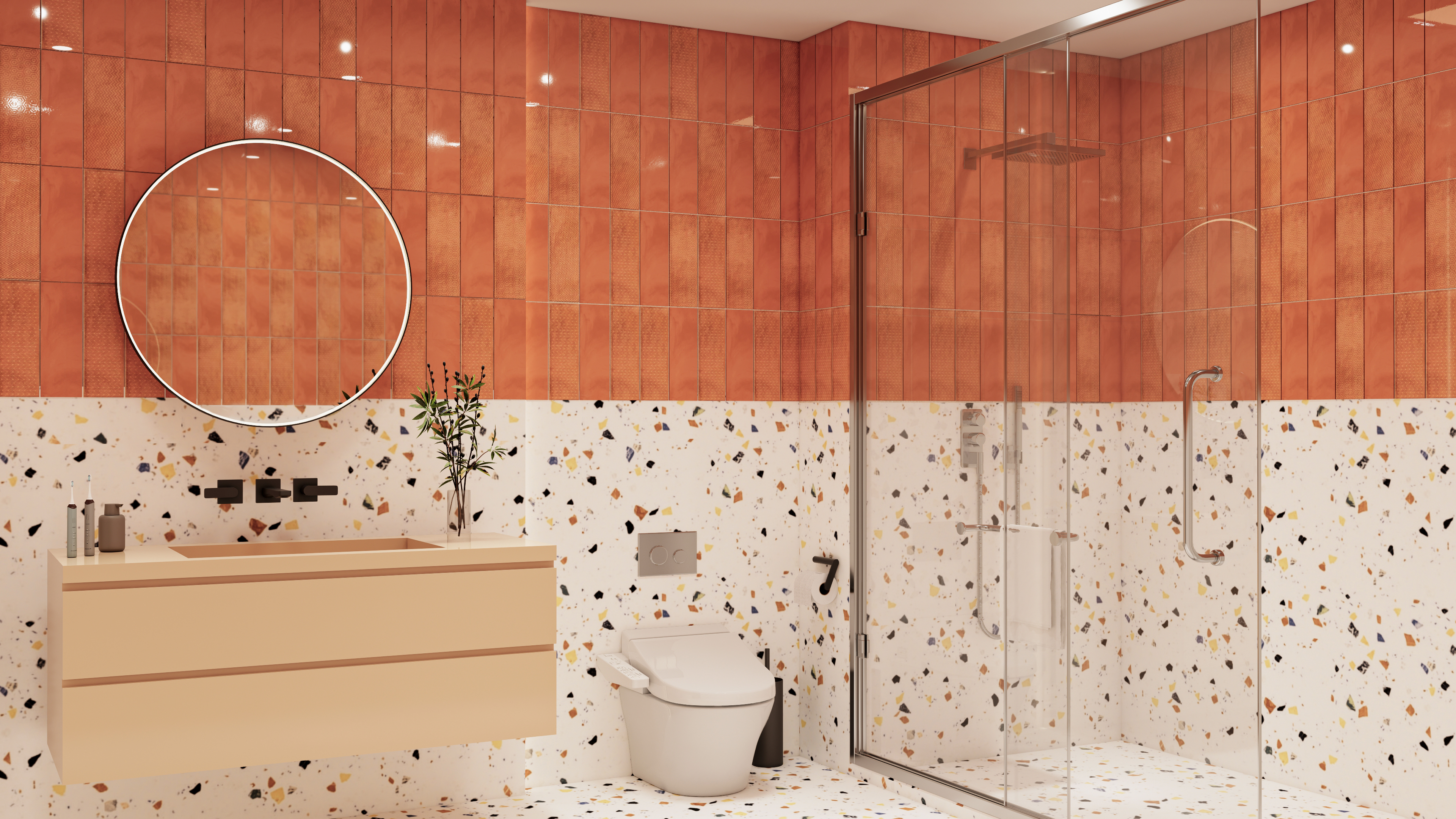 Terracotta Glaze & Terrazzo Charm for a Refreshing Bathroom Retreat | Material Depot