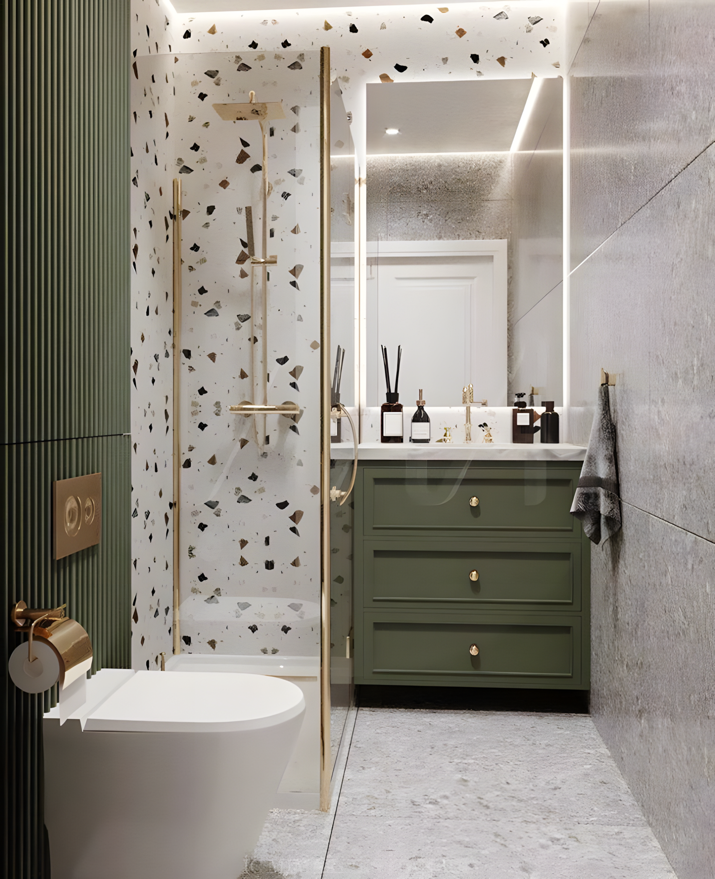 Terrazzo Elegance: Modern Bathroom with Gold Accents and Green Vanity | Material Depot