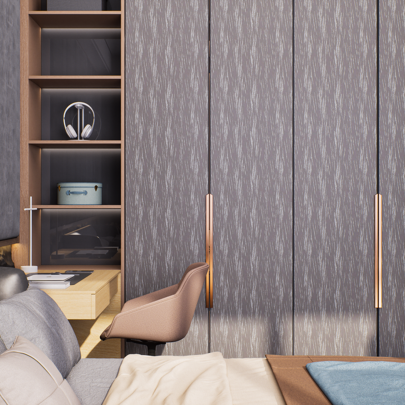 Textured Wardrobe with Copper Accents and Integrated Workspace | Material Depot