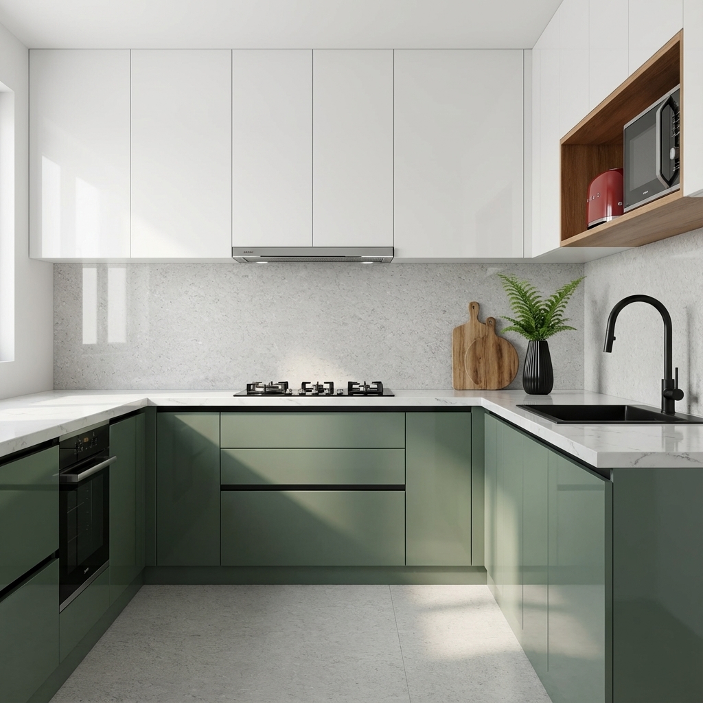 Modern dual tone kitchen with olive green laminate, frosty white ...