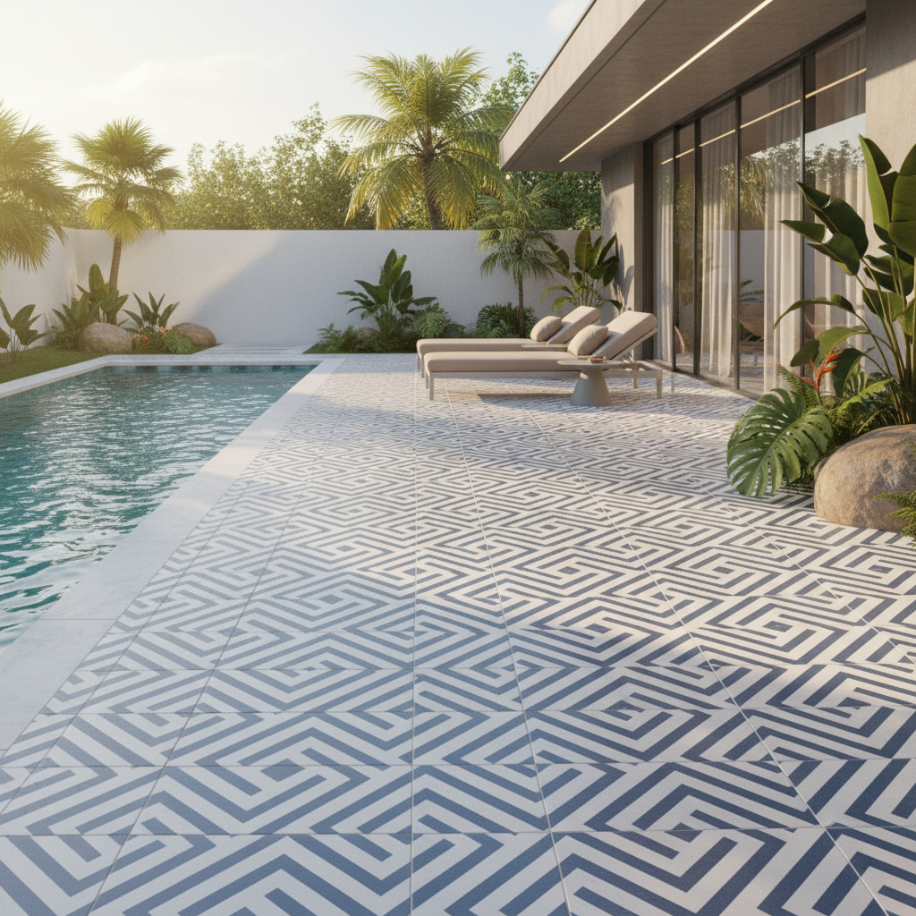 Modern outdoor poolside with geometric patterned floor tiles and ...