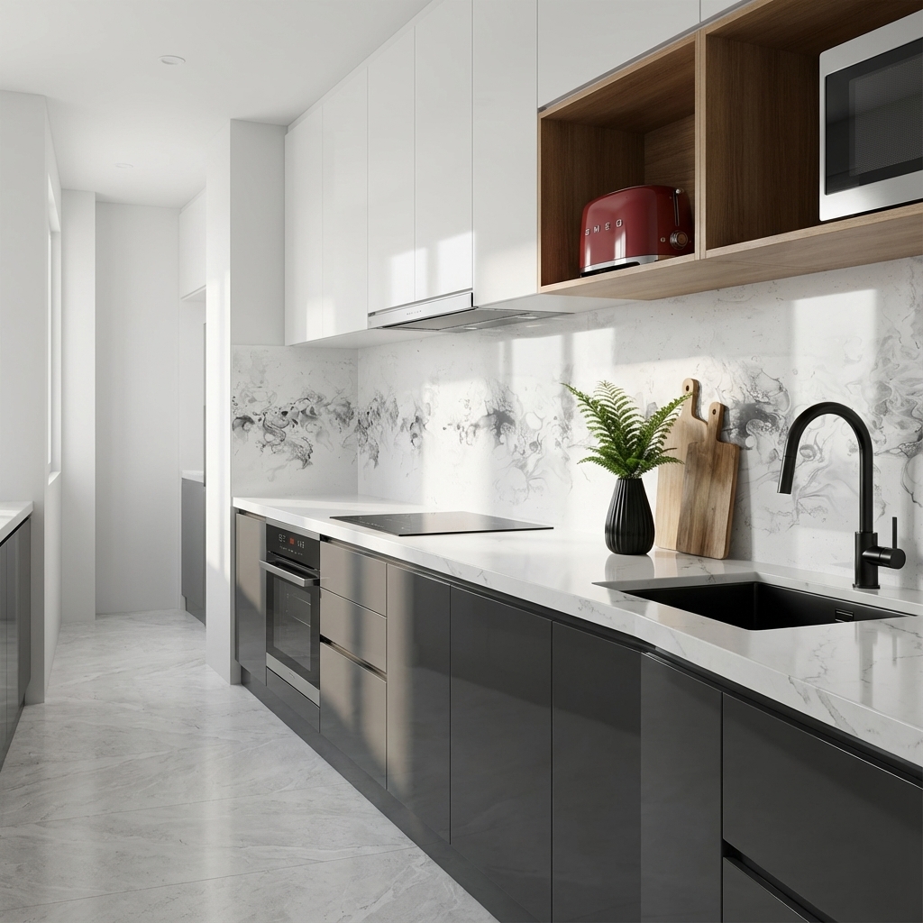Modern parallel kitchen with glossy grey and white laminate, marble ...