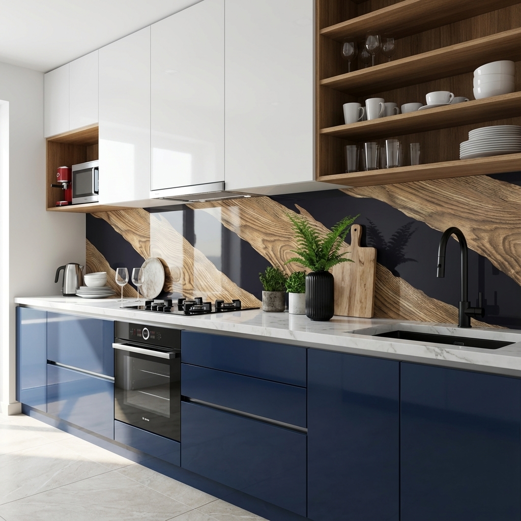 Modern kitchen with navy blue high gloss laminate, white quartz ...