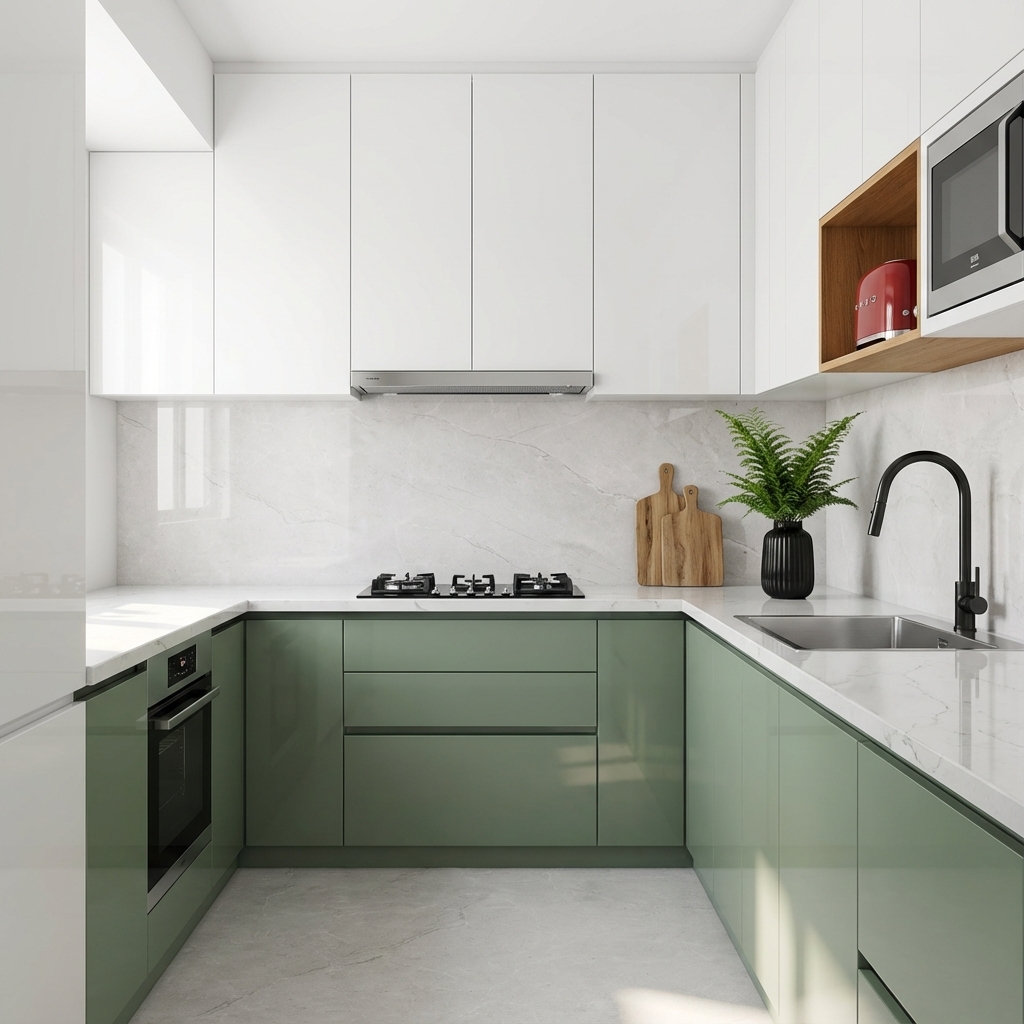 Modern dual tone kitchen with sage green and frosty white laminate ...