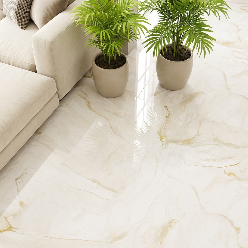 Modern living room with beige sofa and polished white marble-look floor ...