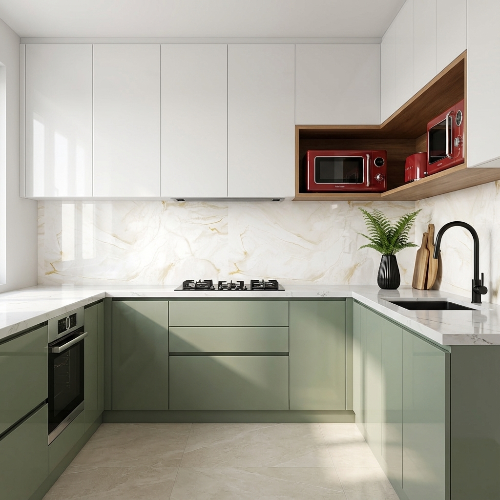 Modern dual tone kitchen with sage green and frosty white laminate ...