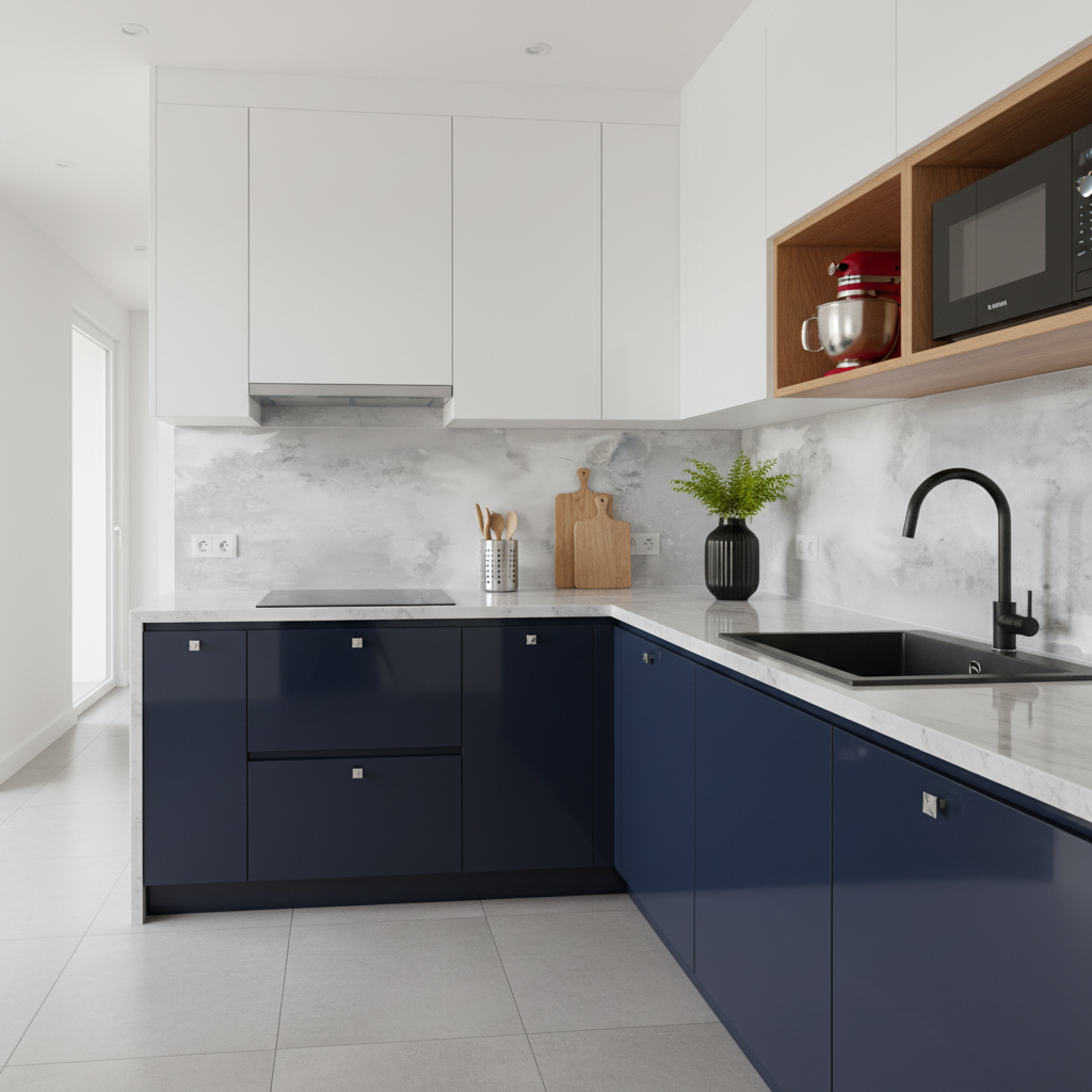 Modern dual tone kitchen with navy blue and frosty white laminate ...