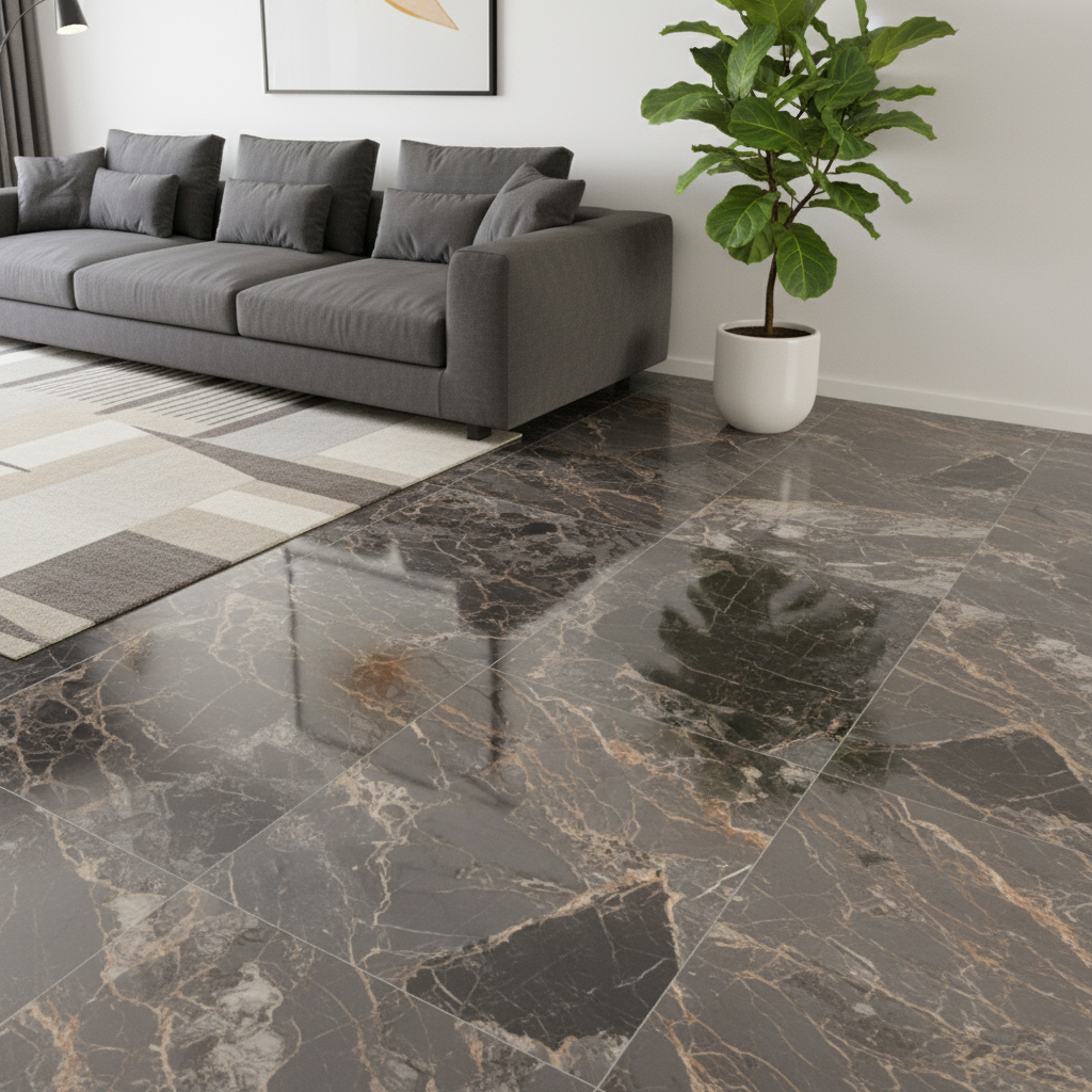 Modern living room with glossy dark marble floor tiles and grey fabric ...