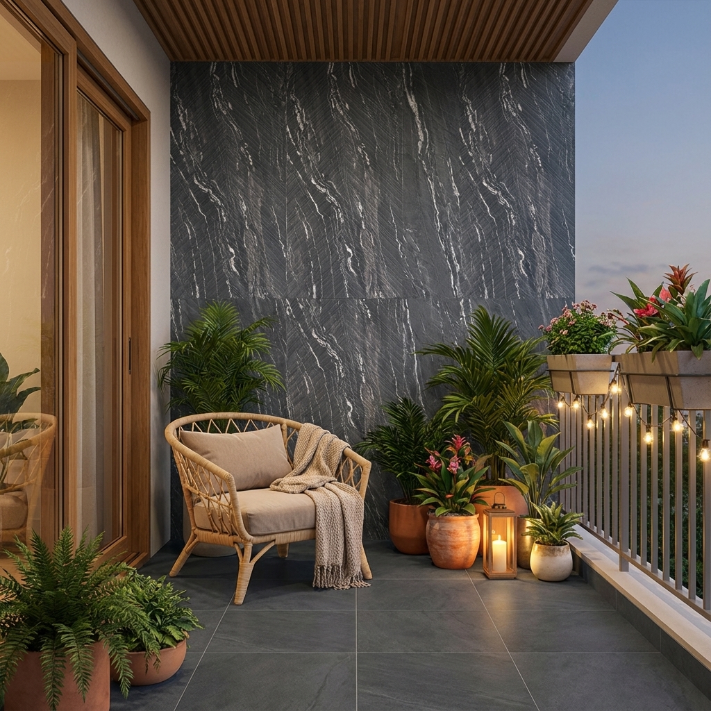 Modern balcony with grey marble-look wall tiles, stone floor tiles, and ...